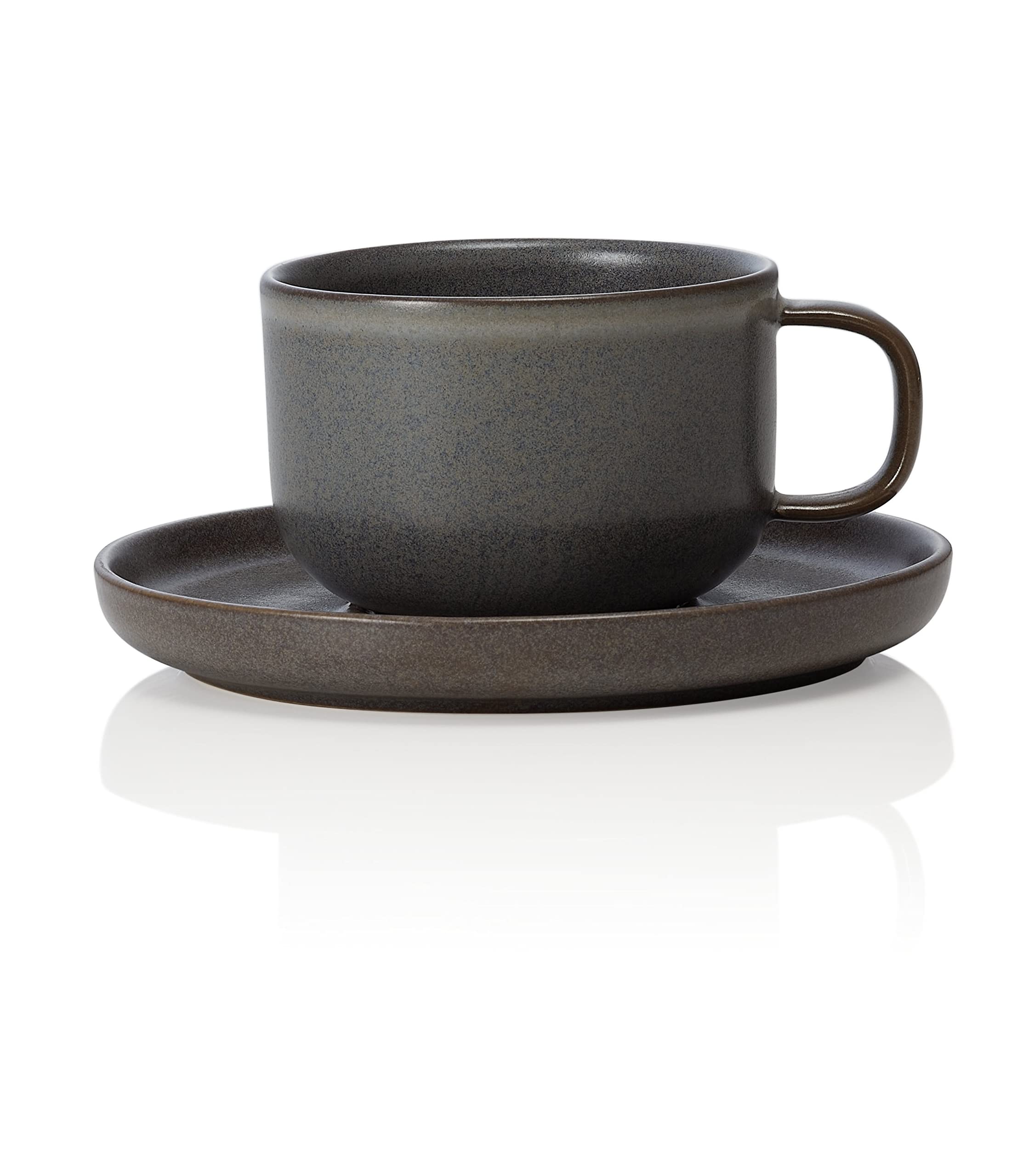 6 Espressotassen und Untertassen im Set - Steingut, spülmaschinenfest - Tassen aus umweltfreundlichen Rohstoffen - Dunkelgrau - 9 cl - Unterteller 11,5 cm Durchmesser