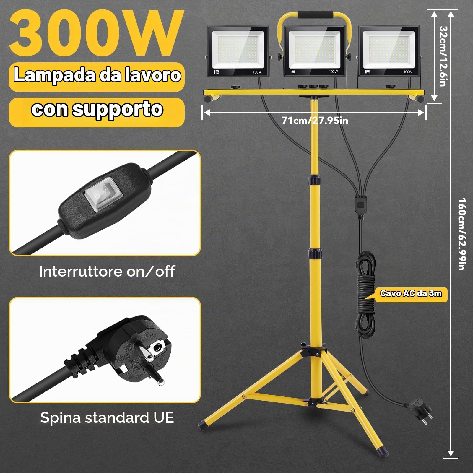 Viugreum Faretto da Cantiere Portatile con Treppiede Telescopico 300W, 24000LM Faro LED, Luce Bianca 6500K, Rotazione 360°, IP66 Impermeabile
