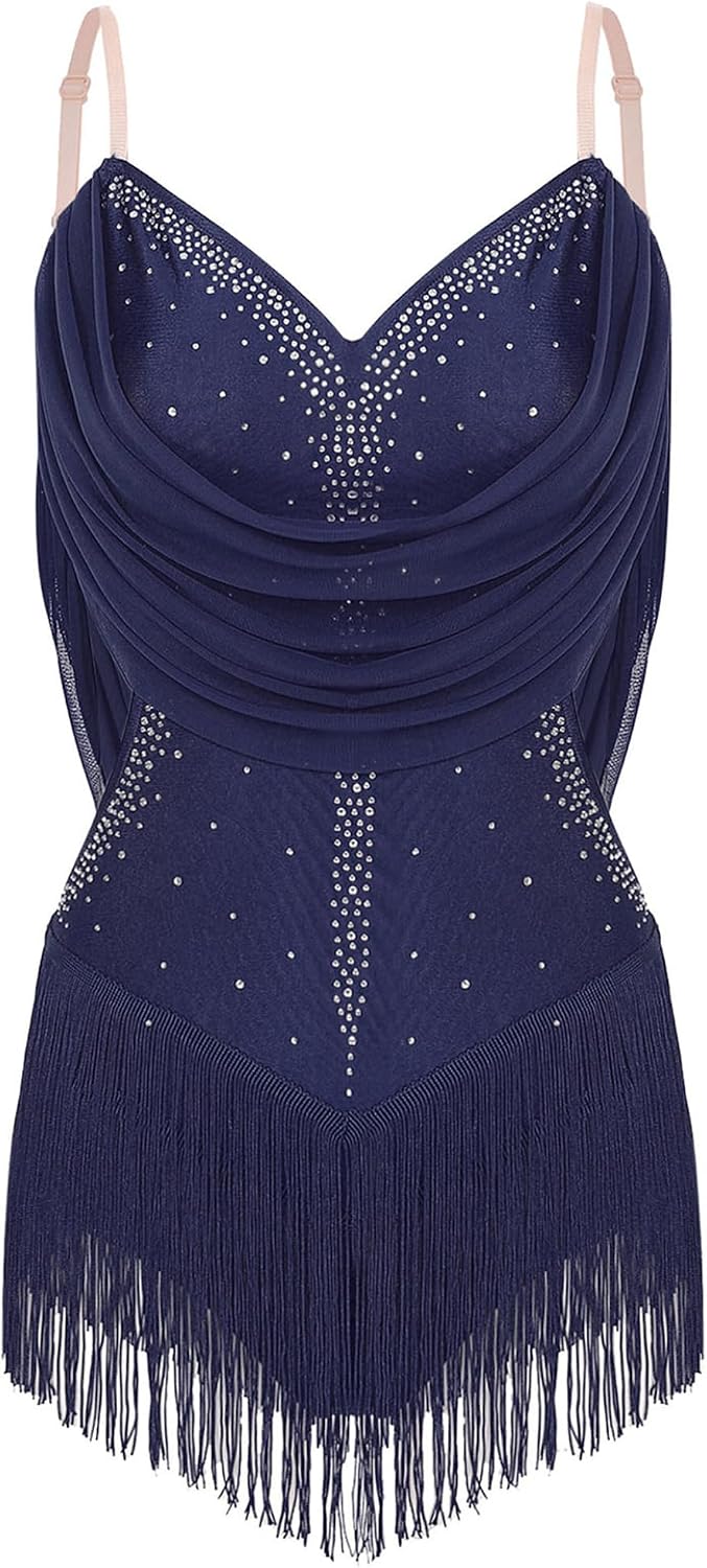 Women Tassel Jazz Latin Dance Dress Glittery Cutout Leotard Bodysuit Salsa Cha-Cha Rumba Performance