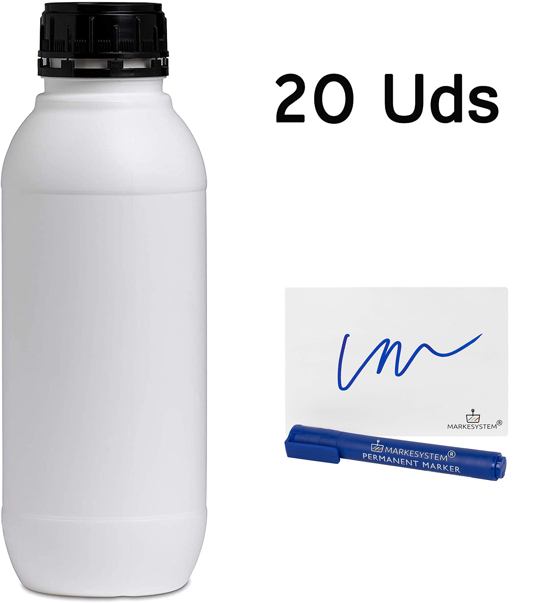 Botella blanca 1 Litro (20 Botellas) de plástico, cierre rosca boca ancha - Catering Industrial, Líquidos, Cosmética, Químicos, ADR + Kit Etiquetado, Apta para uso alimentario