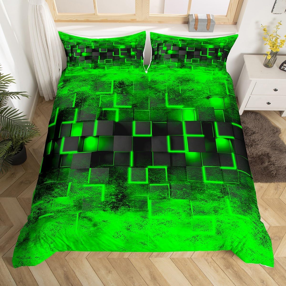 Homemissing Green Bedding Set Super King Size Kids Geometric Duvet Cover Set for Boys Teens Geometric Honeycomb Duvet Cover Modern Ombre Abstract Art Duvet Cover with 2 Pillowcases Plaid Bed Sets