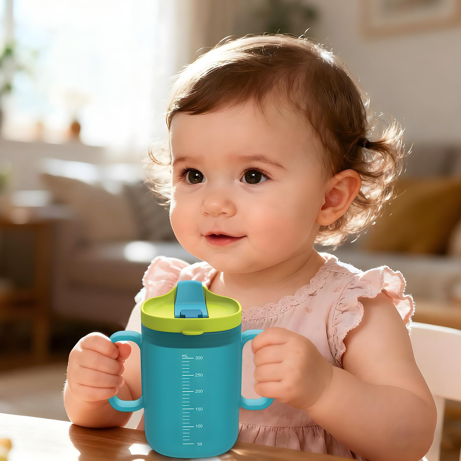 Générique Lot de 2 gobelets d’apprentissage pour enfant, 300 ml, avec 2 poignées, bec canard et graduation, gobelet PP pour lait et eau, bleu ciel et corail, tasse d’apprentissage Young One