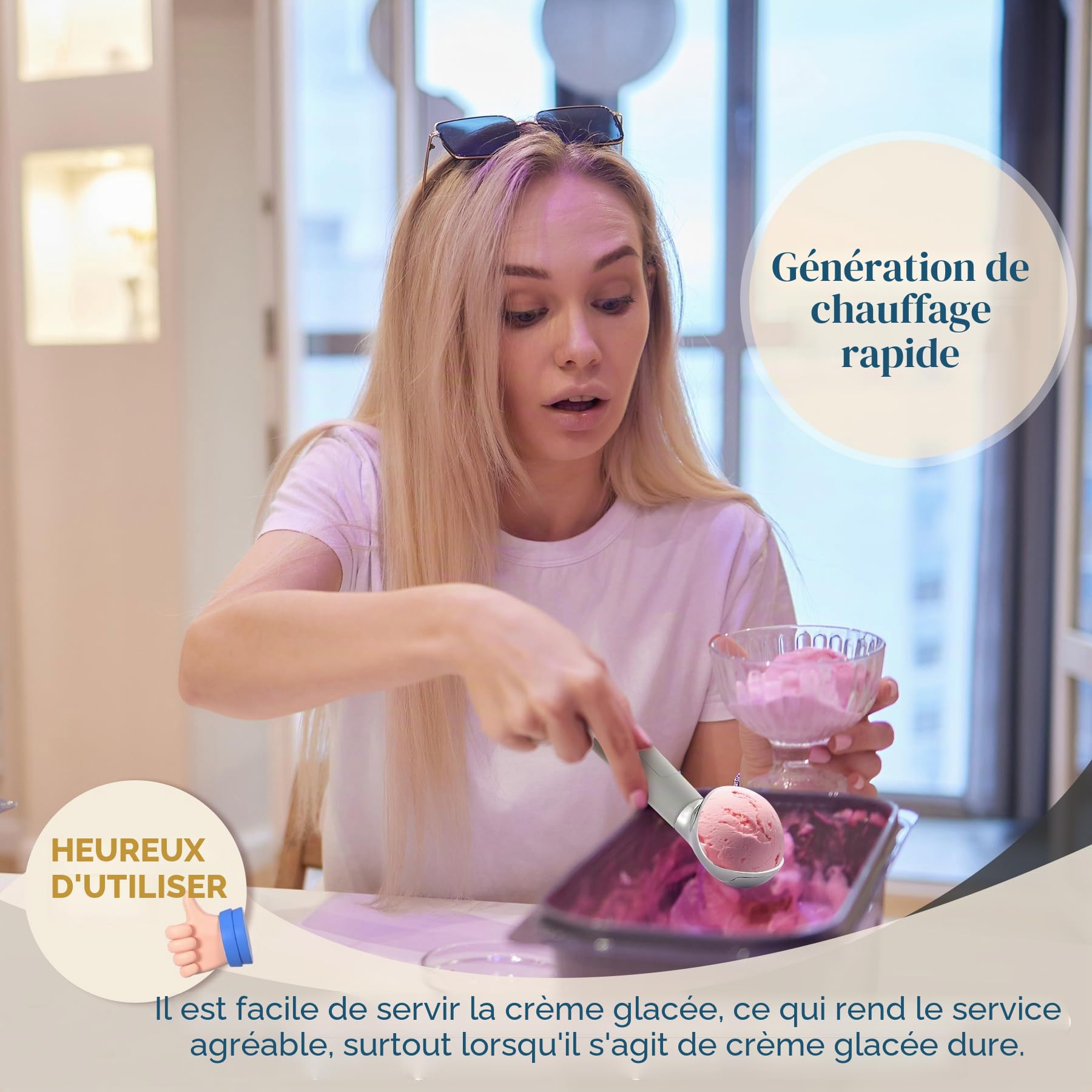 Cuillère à crème glacée chauffante rechargeable, cuillère à glace électrique avec affichage LED, chauffe à 70°C pour la glace dure, facile pour les seniors et les enfants, étanche IP67 (Gris)