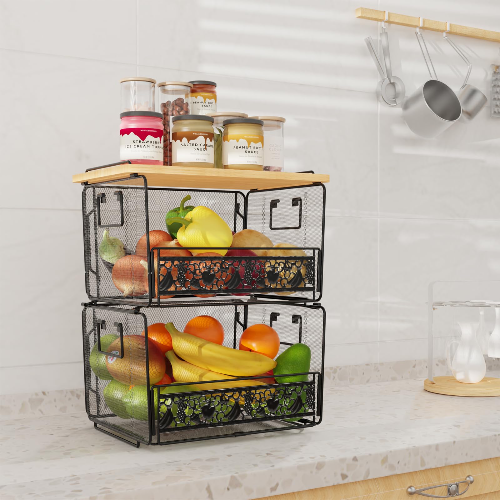 Iirios 2 Pack Metal Basket, Stackable Black Wire Basket with Bamboo Lid, Compact Space-Saving Pantry/Kitchen Organizers and Storage, Big Metal Storage Basket for Potatoes and Onions, Fruits