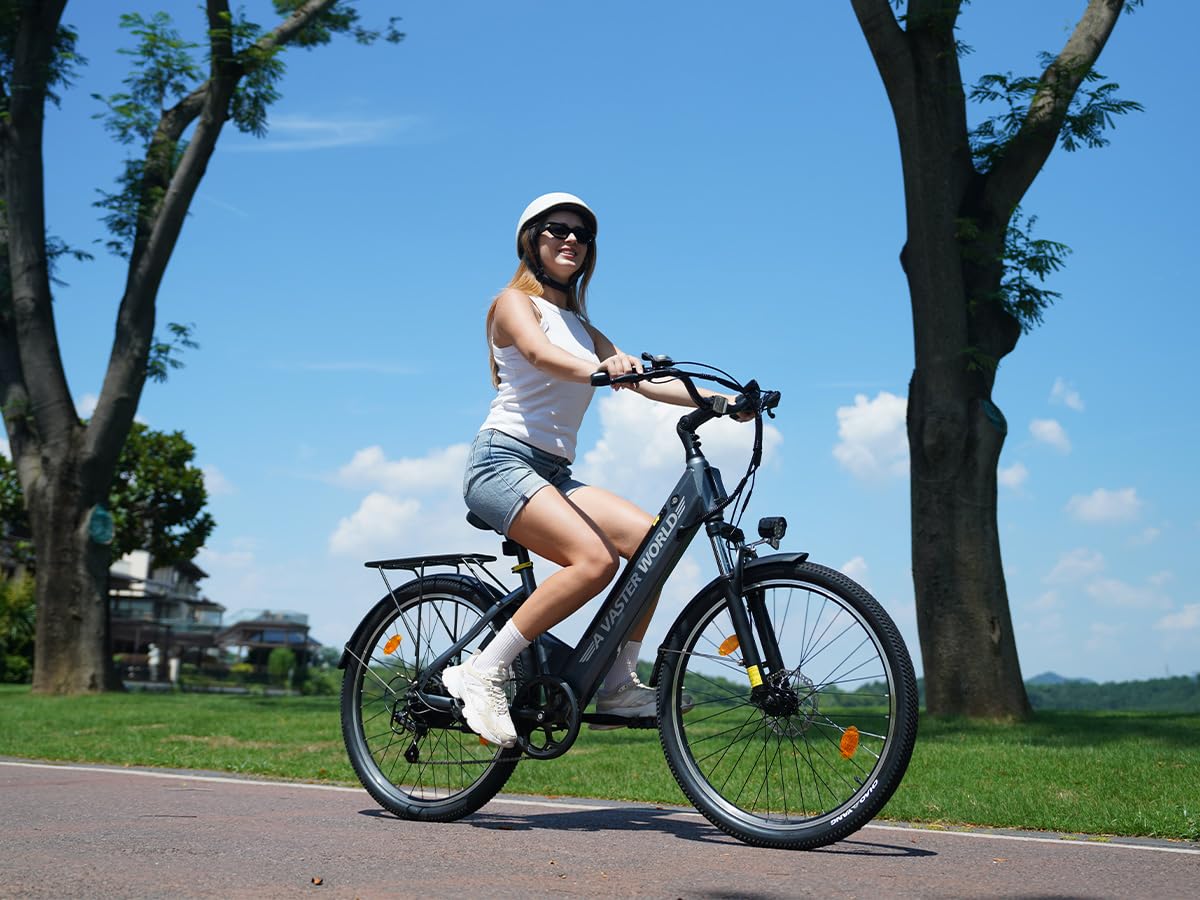 Bici Elettrica 26 Pollici Uomo Donna, Batteria 48V 7,8Ah, 25 km/h, 7 Velocità, Freni a Disco, Sospensione Anteriore, LED, Bicicletta Elettrica per Città