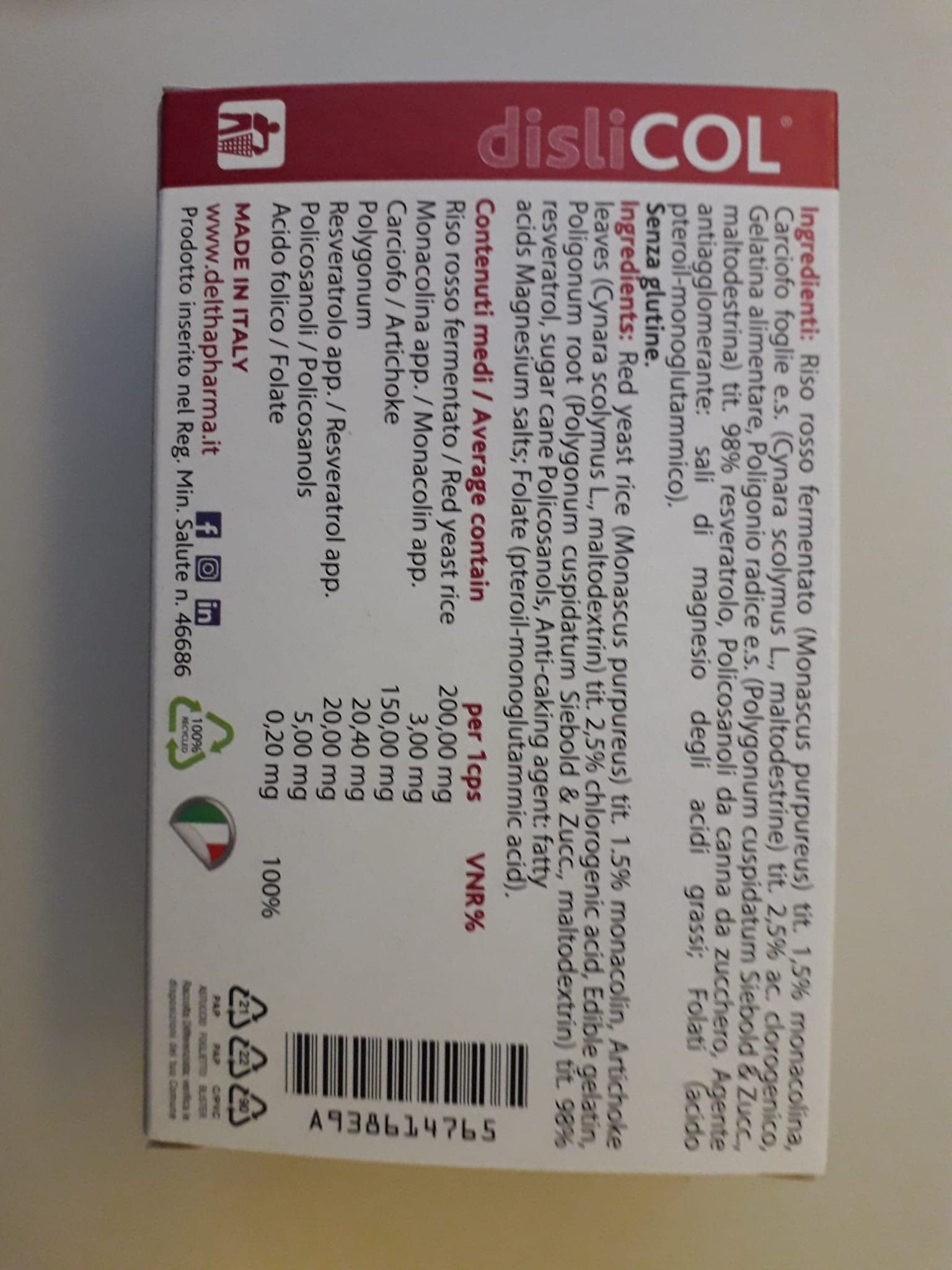 Dislicol Integratore Alimentare di Riso Rosso Fermentato (monacolina K), Policosanoli, Acido folico, Estratti di Carciofo e Poligonio (resveratrolo), utile per il controllo del colesterolo - 30 caps