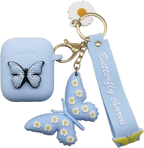 Jeriwell Funda compatible con AirPods, linda mariposa y flores 3D con llavero, funda protectora de silicona suave impermeable para Airpods 2 y 1,
