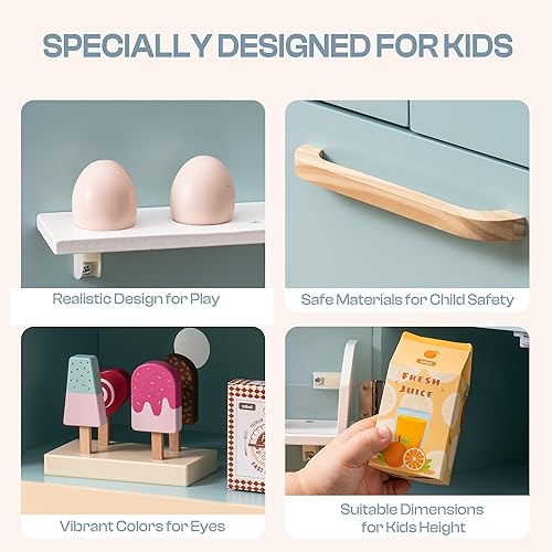 Miniatura 4 de ROBOTIME - Refrigerador de madera de juguete, para niños pequeños y grandes, con máquina de hielo y alimentos, juego de cocina de simulación para