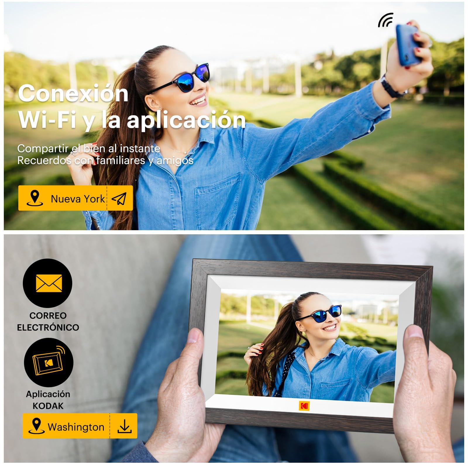 KODAK Marco de Fotos Digital WiFi 10.1 Pulgadas, Memoria Incorporada 32GB, Pantalla Táctil para HD 1280x800 IPS, Soporte Multilingüe, Rotación Automática, Compartir Instantáneamente Fotos y Videos