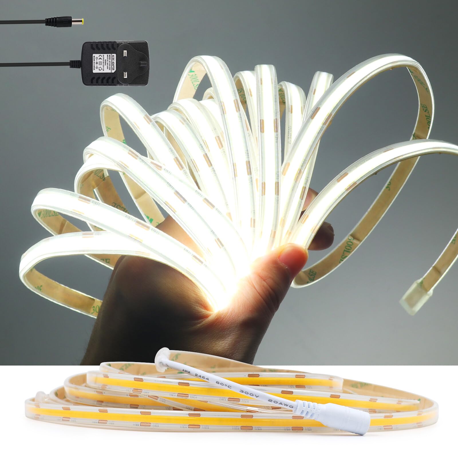 KAFULA 12V COB LED Strip Light [7M, Warm White 3000-3500K], IP65 Waterproof, 480 LEDs/m Flexible FCOB LED Fairy Lights CRI85+, Double Sided Tape Mounting, Cutting Every 5cm, Home Decoration