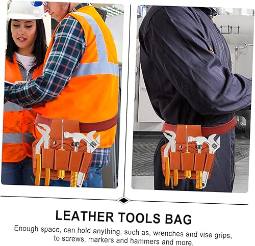 Miniatura 8 de Cowhide Electricista Set Herramientas Contenedor de Almacenamiento Cinturones Marrón Bolsa de Herramientas Organizada para Oficios