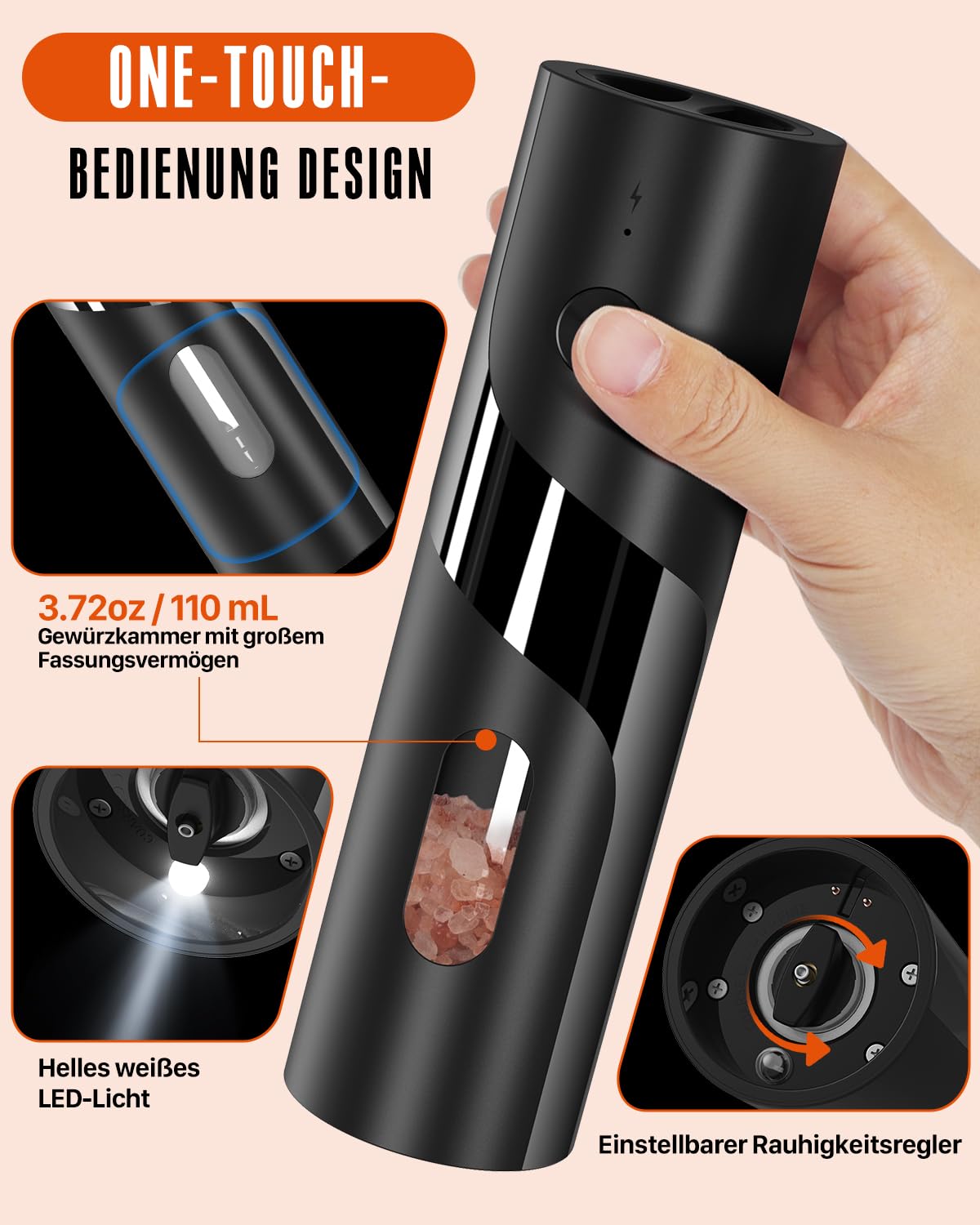 Homtronic Salz und Pfeffermühle Elektrisch 2er Set, 110ml Große Kapazität | Elektrische Pfeffermühle mit USB-C Dual Ladestation, 4 Einstellbarer Mahlgrad/LED Licht/Salz und Pfefferstreuer für Küche BBQ