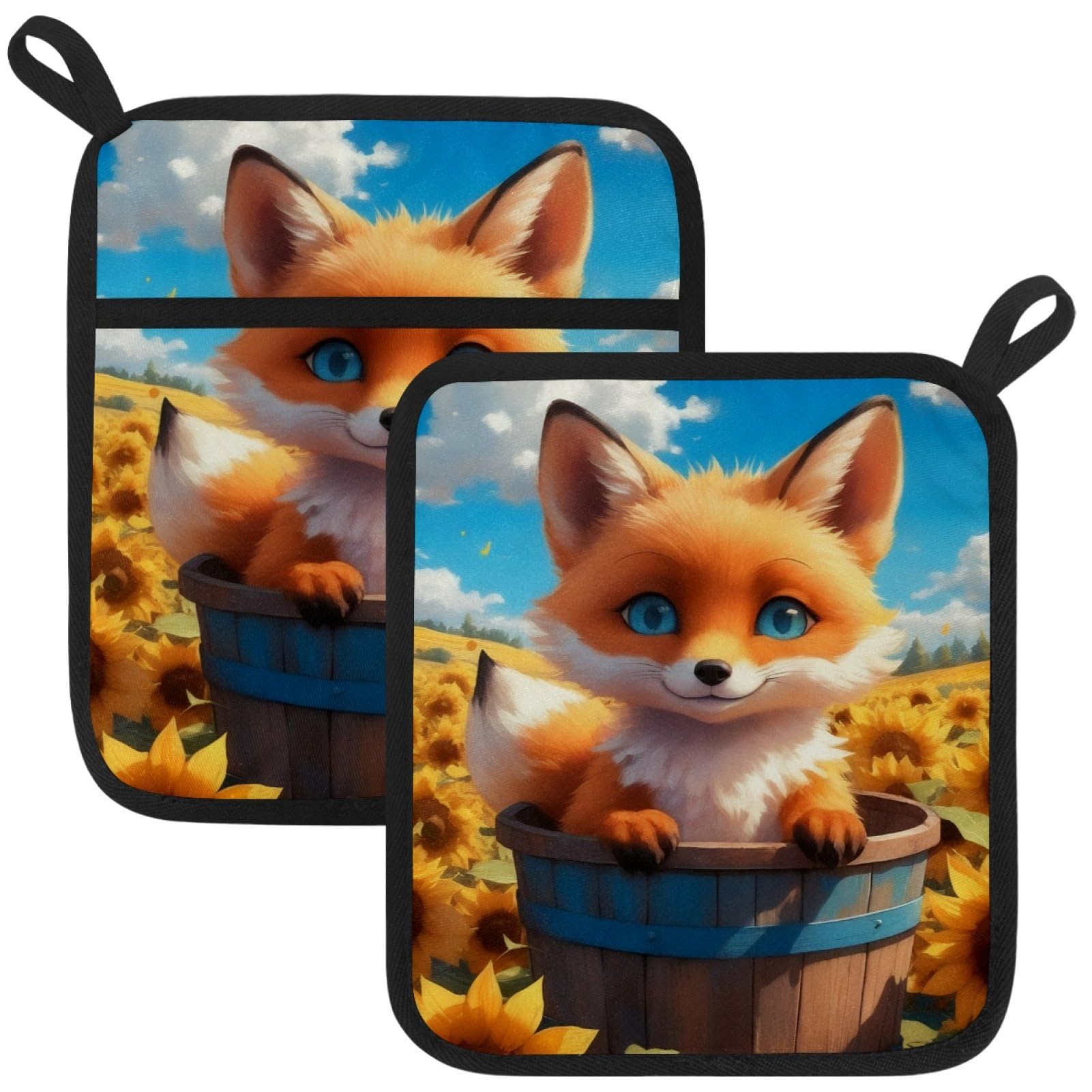 VAPOKF Fox Sunflower Pot Holders with Pocket for Kitchen Heat Resistant Potholders Large Polyester-Cotton Square Oven Mitts Set