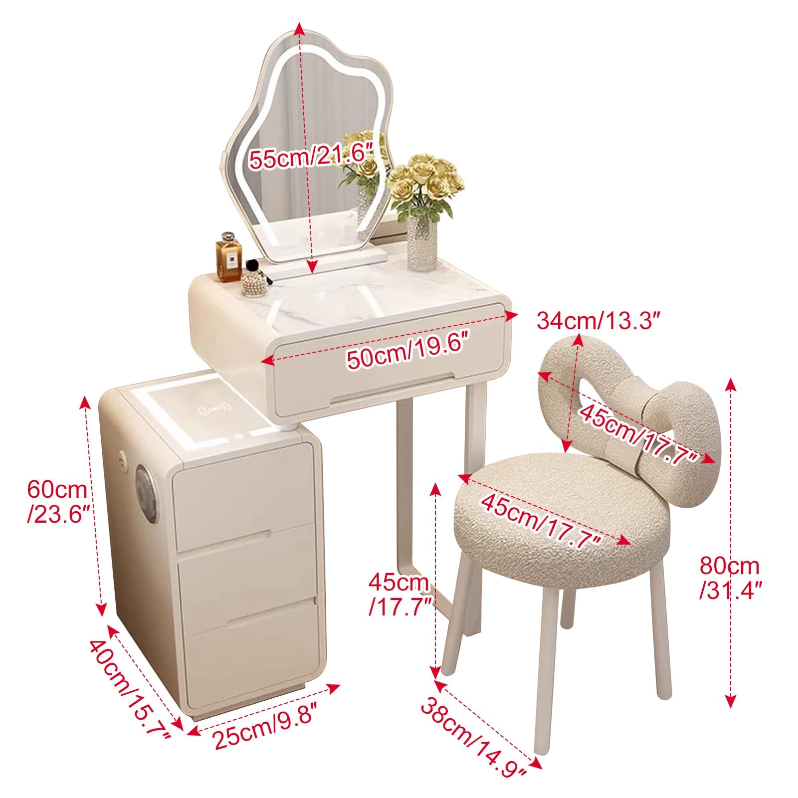 Smart Makeup Vanity Set con specchio illuminato a LED, tavolo allungabile e sgabello imbottito in legno massello, 50 cm, perfetto per gli amanti della bellezza
