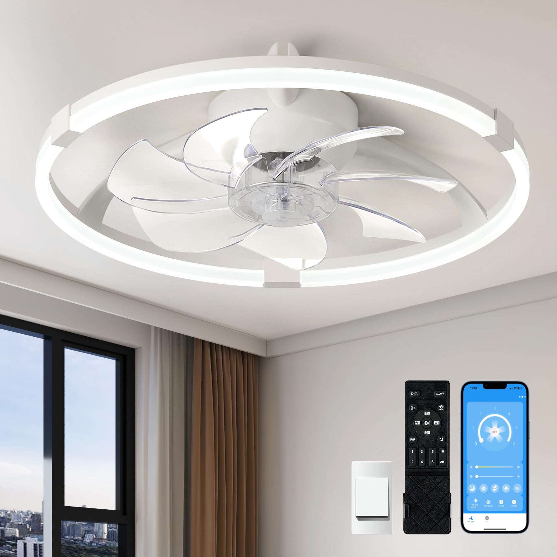Linboro 20'' Ceiling Fan with Light, Upgraded Low Profile Flush