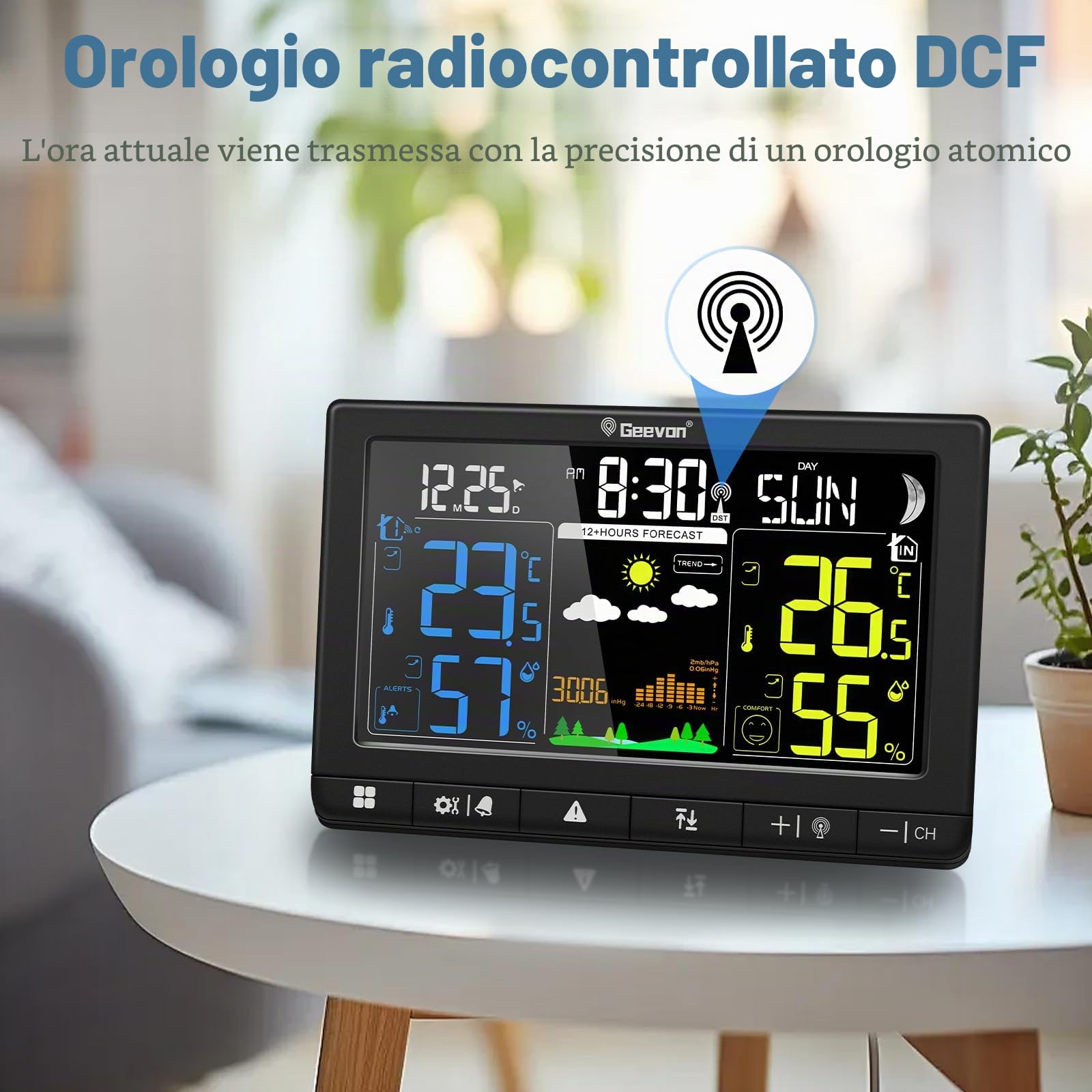 Geevon Stazione meteo radio con sensore esterno, orologio radio DCF, ampio angolo di lettura LCD a 350°, per interni ed esterni, umidità, barometrico, fase lunare, previsioni meteo (246304 con
