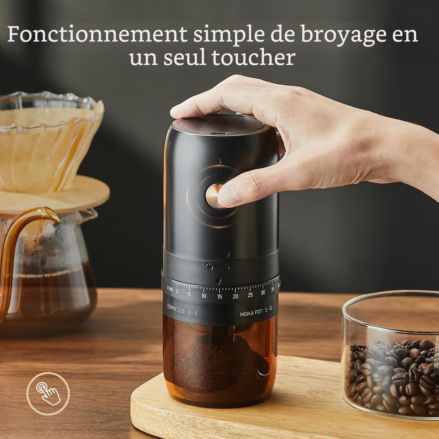 Moulin à café électrique, petit moulin à café rechargeable, noyau de broyage en acier inoxydable avec paramètres externes réglables, moulin à café électrique portable sans fil – Noir