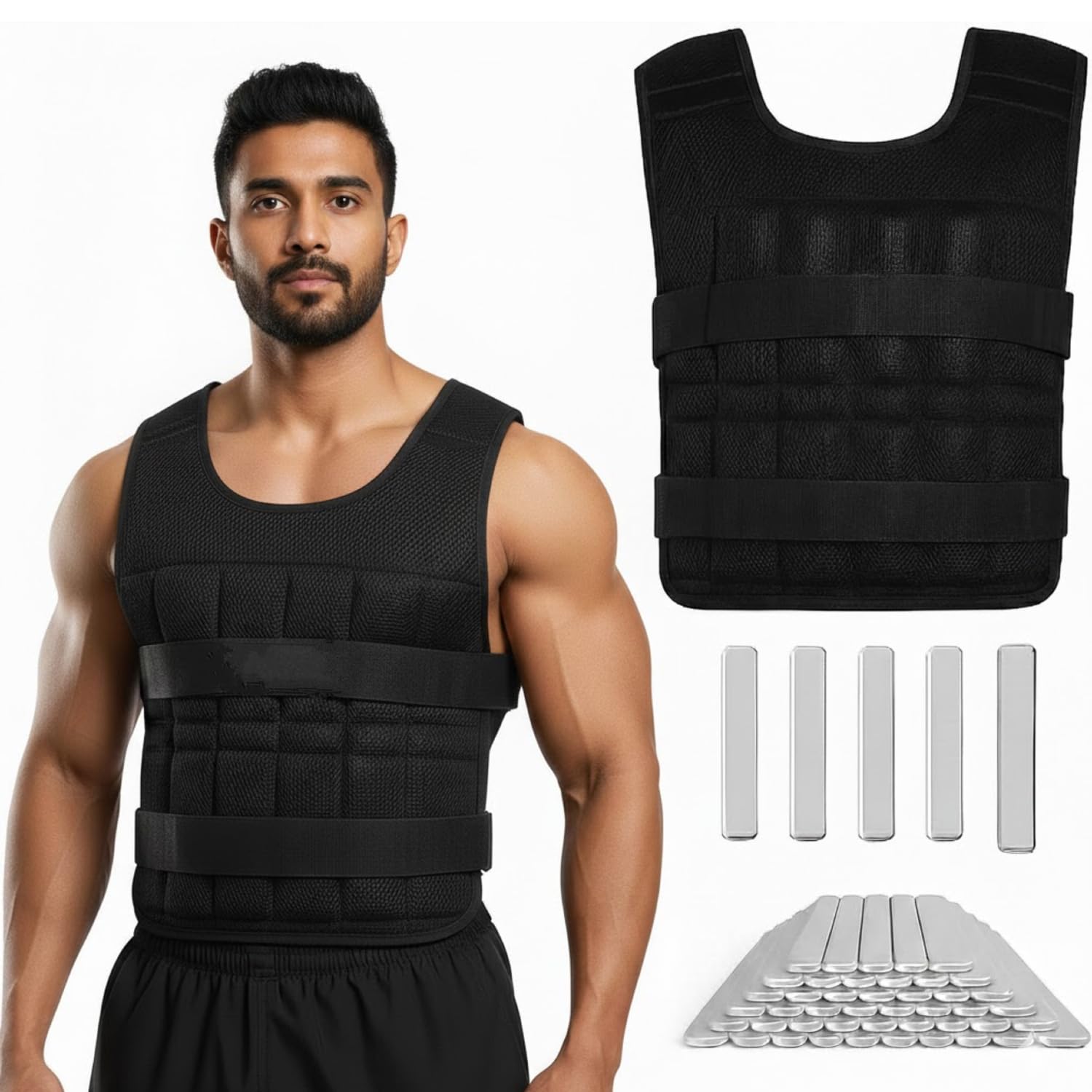 Weighted Vest 10 kg Adjustable for Men Running with 57 Steel Plates Used as 2kg,5 kg,7 kg for Cross Fit Women Body Weighted Training Vest Jacket Gym Workout Fitness Vest (Black)