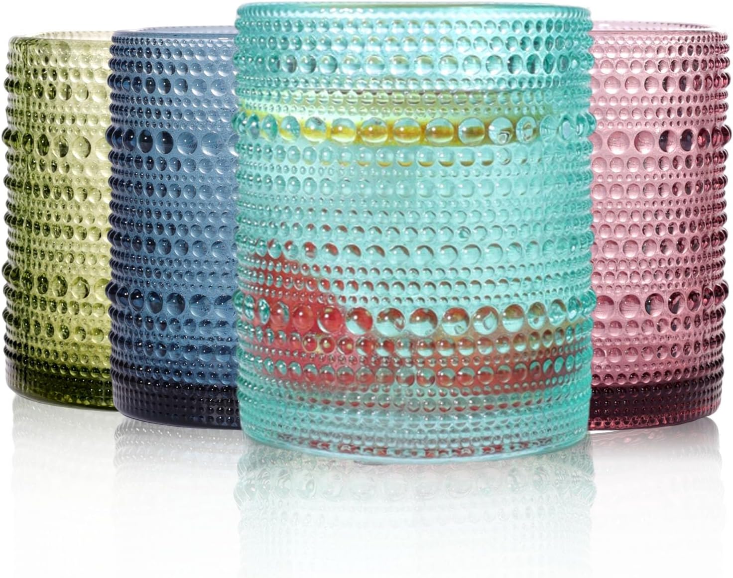 Set of 4 Hobnail Drinking Glasses, Colored, 12oz, Vintage Jupiter Drinking Glasses,Embossed Old Fsahioned Cute Glassware for Beer,Water,Juice,Cocktail,Whiskey,Gift (Small)