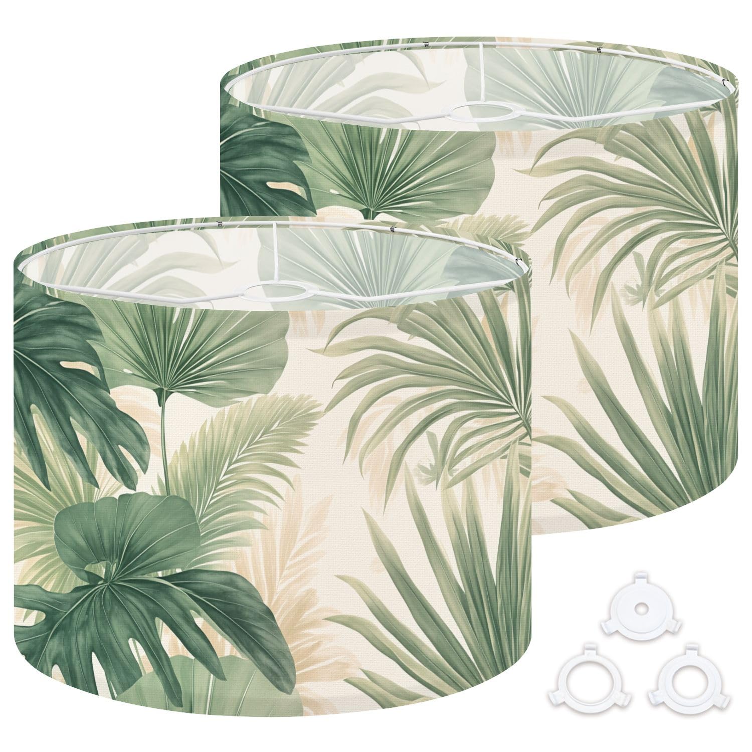 Fabric Drum Lamp Shade Tropical Palm Leaves Soft Olive Green Beige Tones Vintage Funky Medium Linen Decorative Lampshades 13inch Set of 2 for Table Lamps, Floor Lamps,Ceiling Lamp