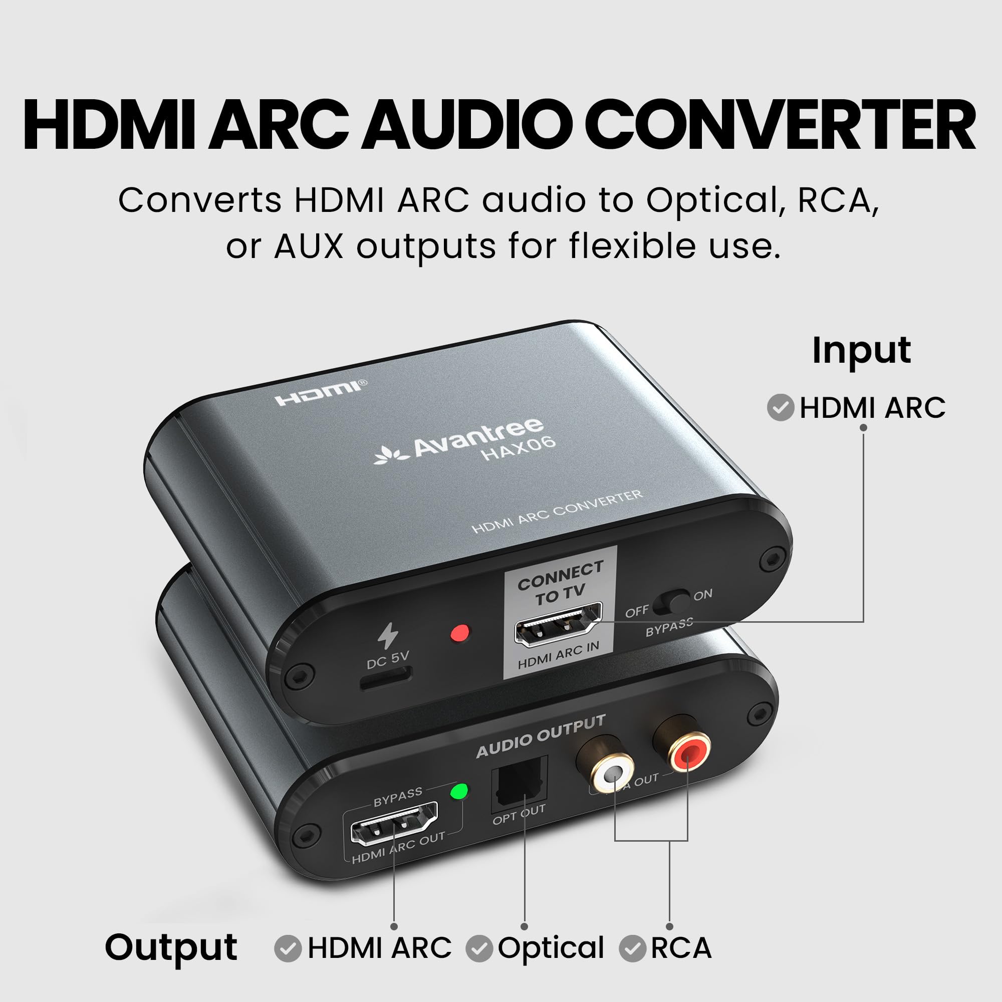 Avantree HAX06 – ekstraktor dźwięku HDMI ARC z funkcją bypass do telewizora, soundbara i słuchawek jednocześnie, wyjścia optyczne i RCA, regulacja głośności CEC