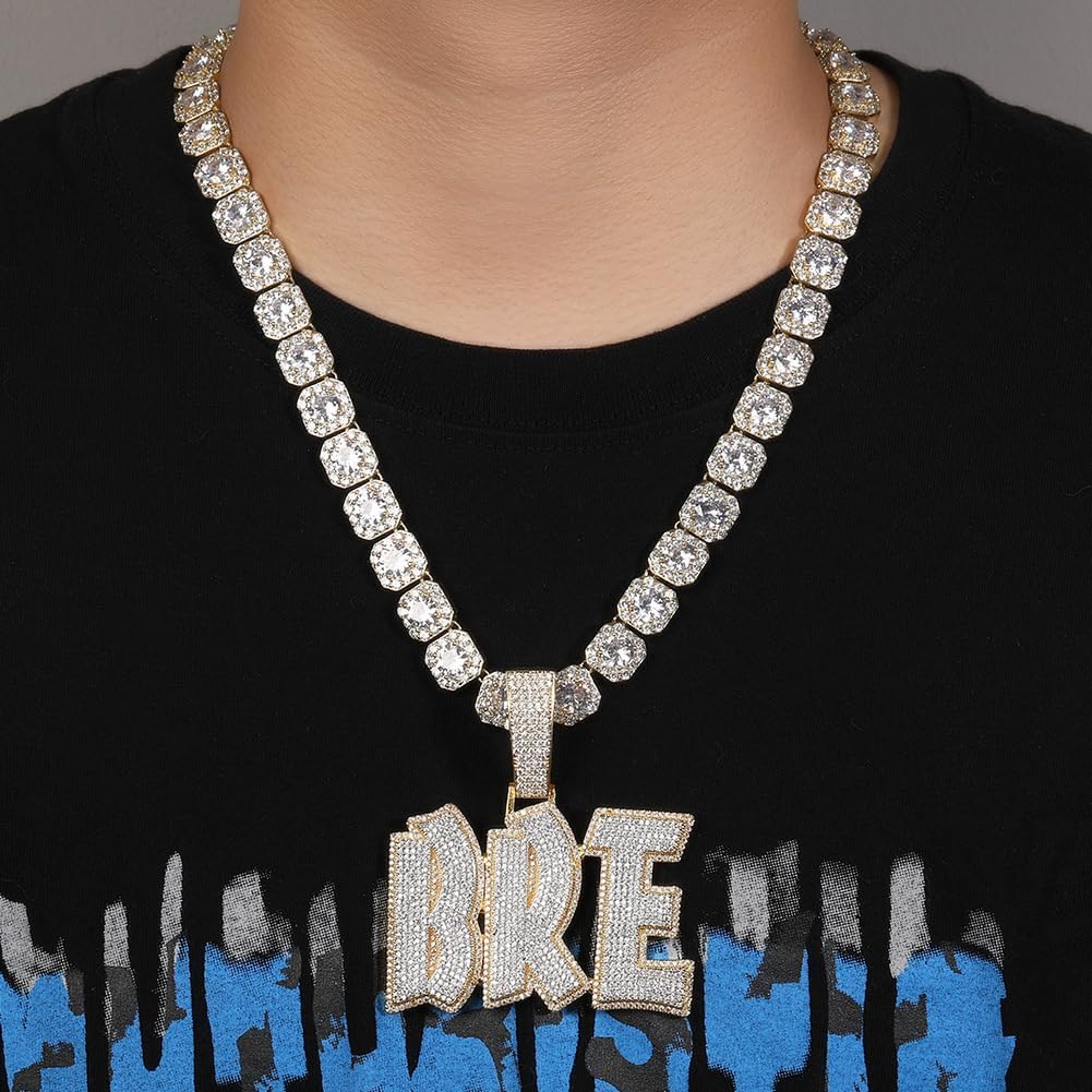 Lulu Mel Iced Out Custom Name Necklace Personalized with Cuban Link Chain for Men Women, Hip Hop 14k Gold Plated Letter Pendant Necklaces, Cubic Zirconia Customized Nameplate Jewelry for Rappers