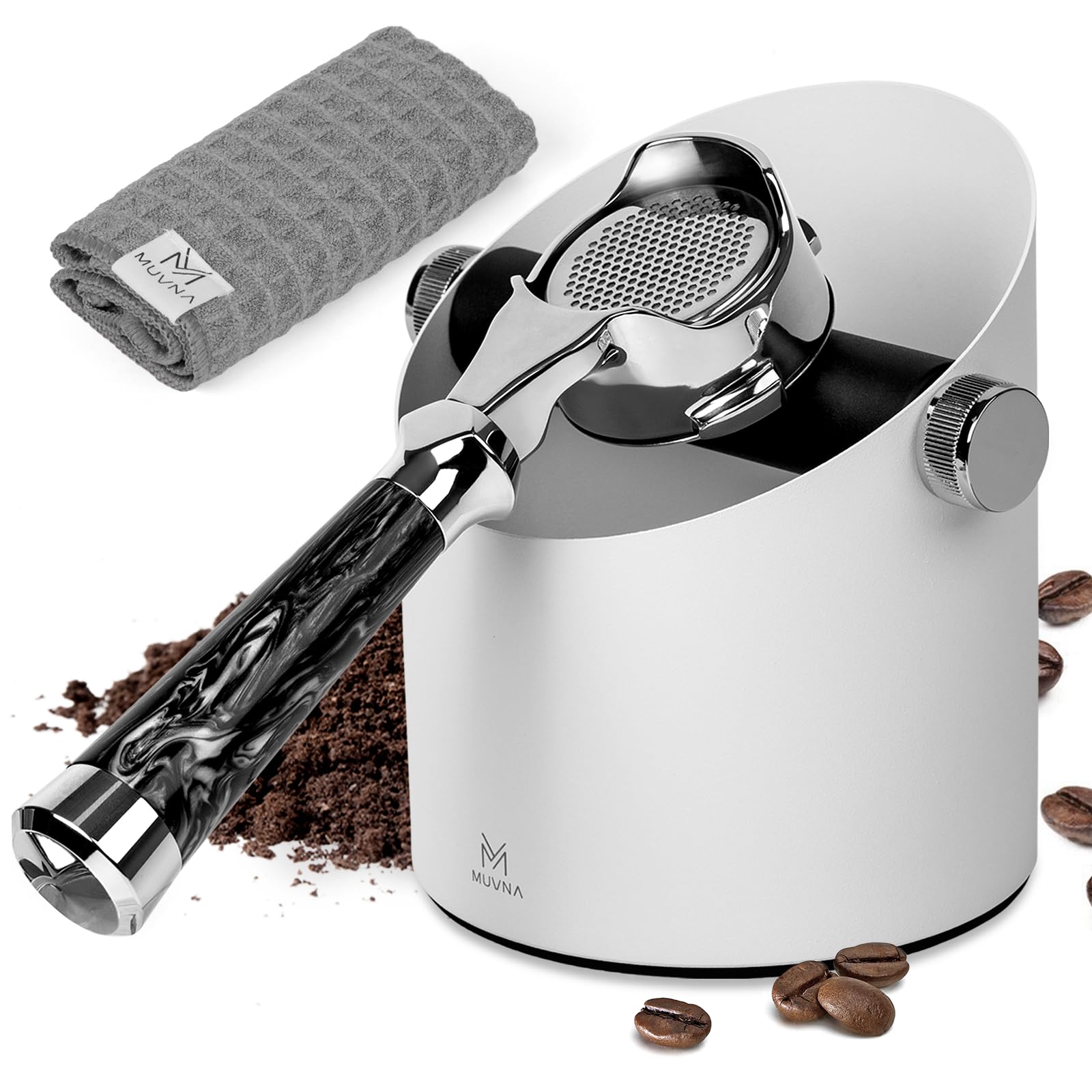 MUVNA Espresso Knock Box Large Capacity - 15 Pucks Coffee Knock Box with Barista Towels, Removable Knock Bar & Non-Slip Base, Steel Coffee Puck Bin