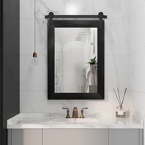 Miniatura 9 de Espejo de puerta de granero de granja  21 x 30 pulgadas, espejo de pared con marco de madera rústica para baño, sala de estar, decoración de pared