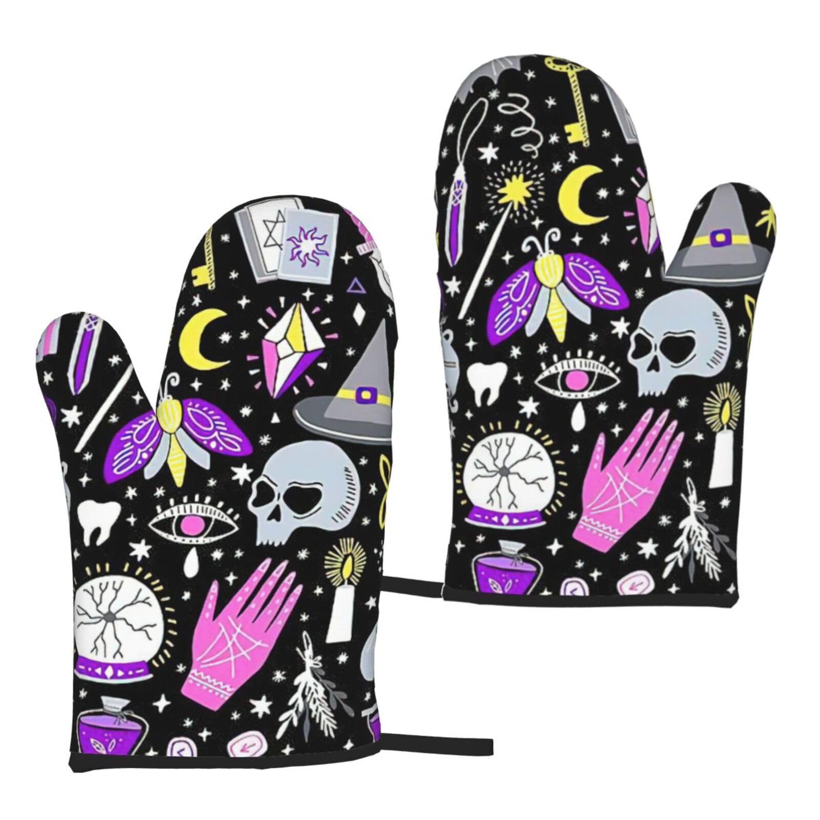 Nimongt Women's Black Magic Witch Witchcraft Bohemian Drawing Print Adults Universal Fit Heat Resistant Oven Gloves Reusable Cooking Outdoor Grilling