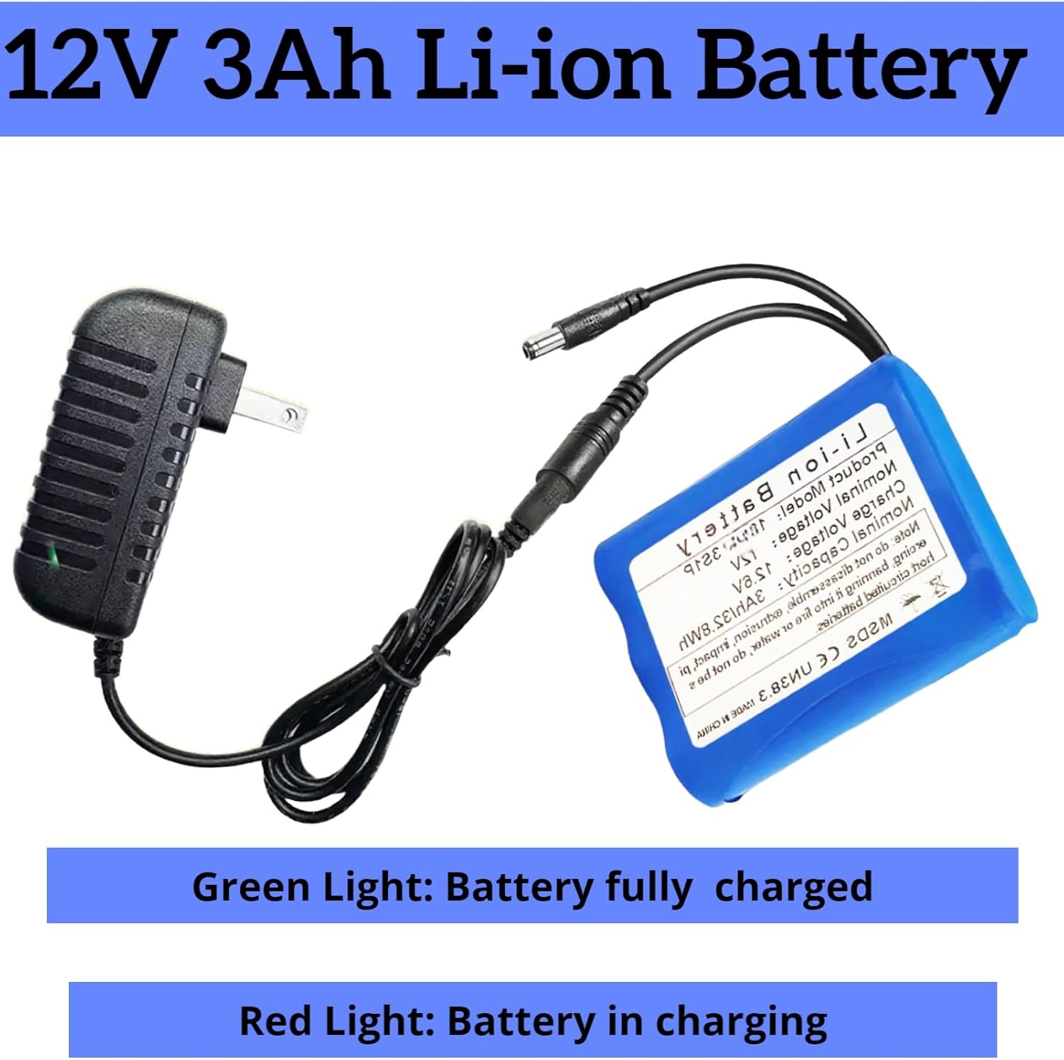 12V 3000mAh Rechargeable Lithium Battery with Charger, DC5521 Connector & Bare Leads - Long-Lasting Power for RC Cars, LED Strips, CCTV Cameras, DIY Projects, Portable DVD Players, Robots & More