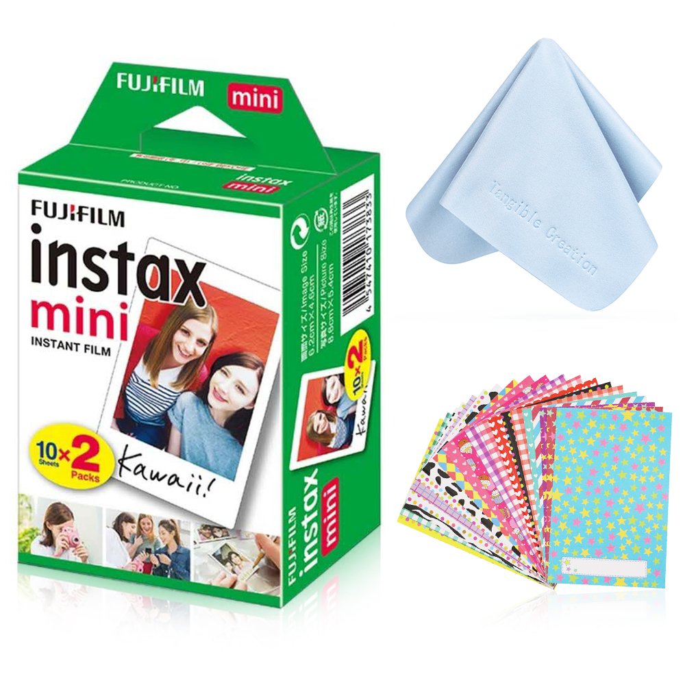 Fujifilm Instax Mini Instant Film Twin Pack (White) with Tangible Creation Microfiber Cleaning Cloth & Assorted Colorful Decoration Stickers for Fujifilm Mini 8 & Mini 9 Cameras (20 Film Sheets)