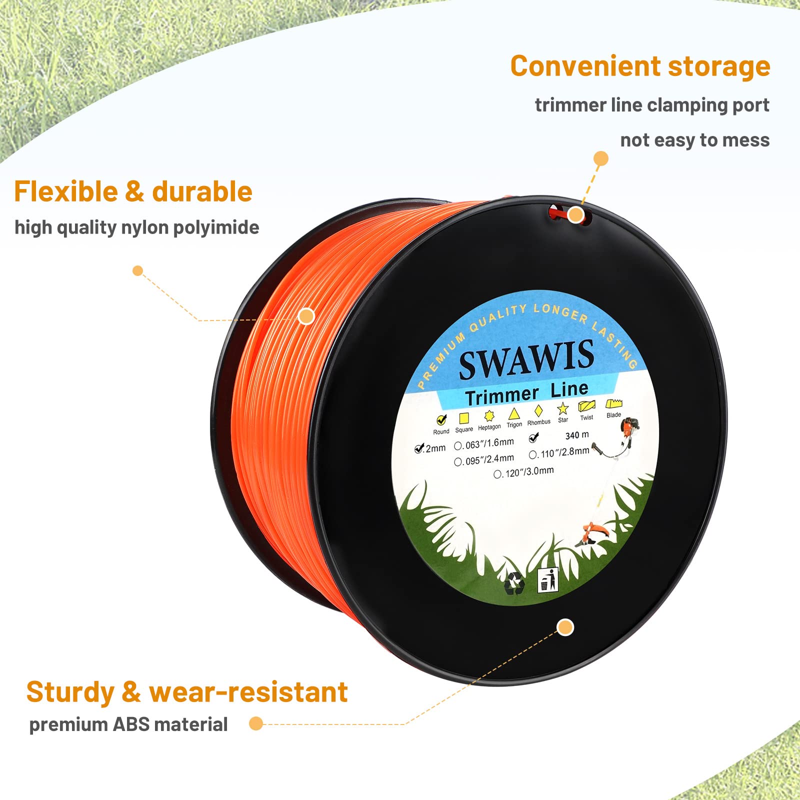 SWAWIS Filo di Ricambio per decespugliatore, 2,0 mm / 340 M, Rotondo, Filo di Ricambio per decespugliatore Weed Grass Yard o Garden, Arancione