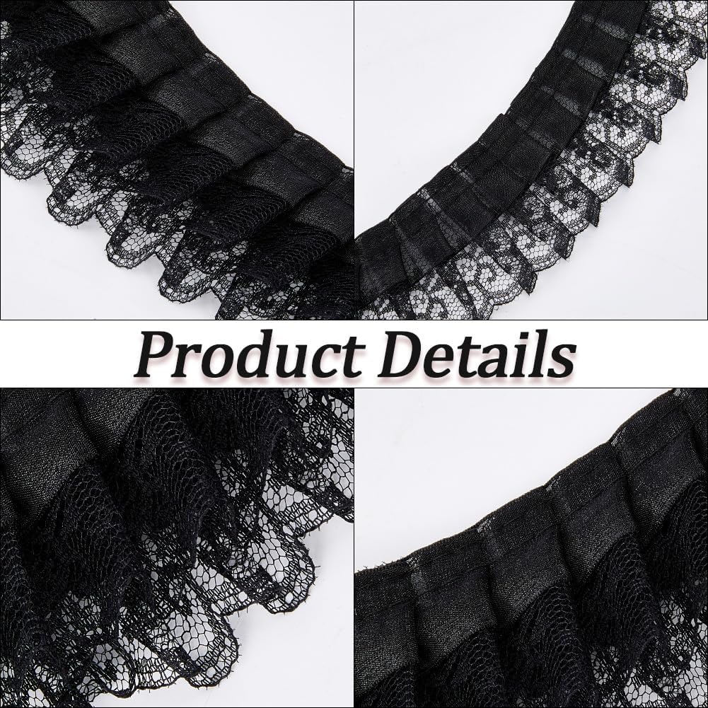 GORGECRAFT 10 Yards Pleated Organza Lace Trim Double Layer Gathered Lace Edge Ribbon 2 Inch Wide Ruffled Tulle Fabric Mesh Edging Trimmings for Applique Embroidered Wedding Dress Sewing Crafts Black