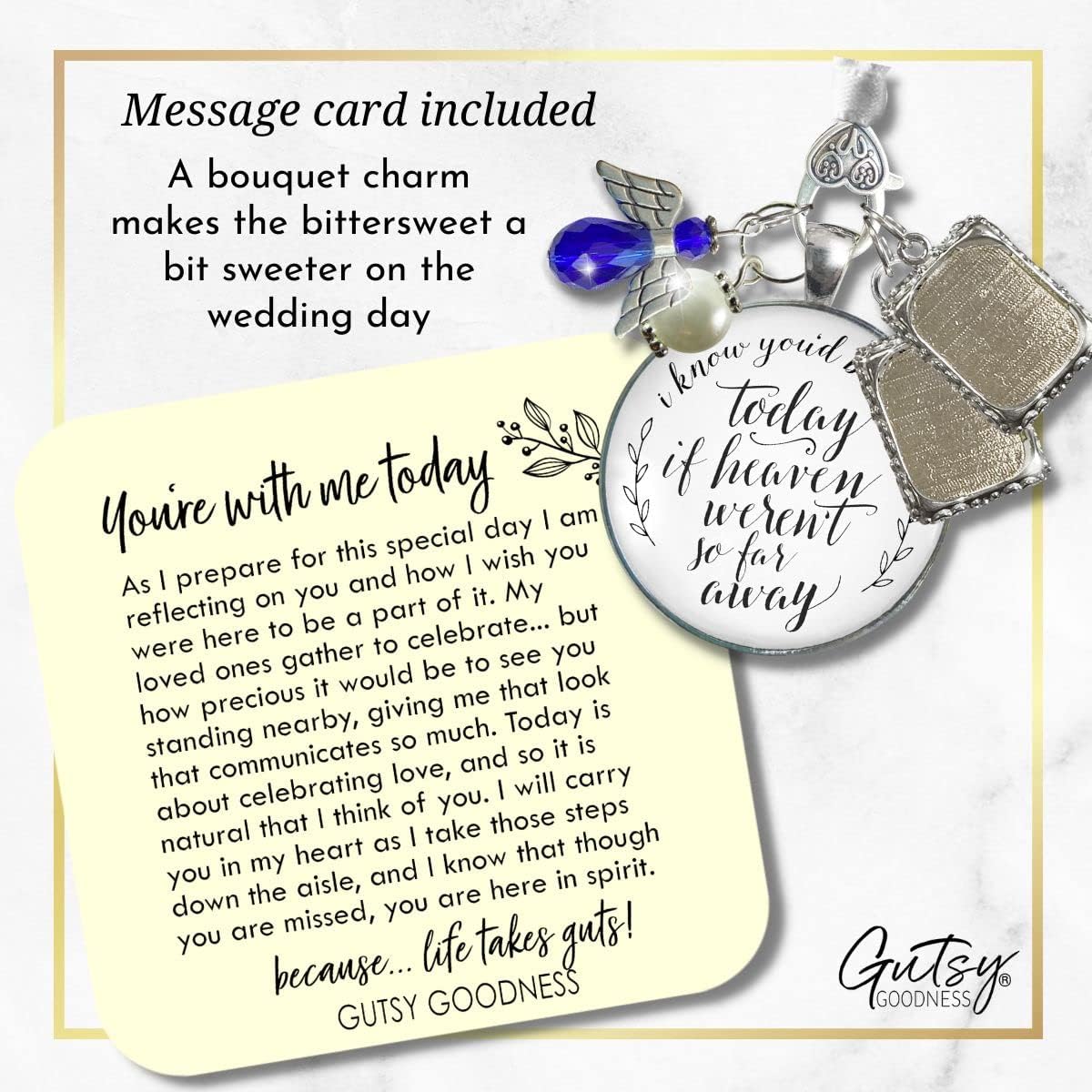 Bouquet Photo Charm Wedding Memory Something Blue Angel - I Know You'd Be Here If Heaven Honor Love One, Silver Finish Handmade Bridal Jewelry White Glass Pendant 2 Frames Gift Message & Box for Bride