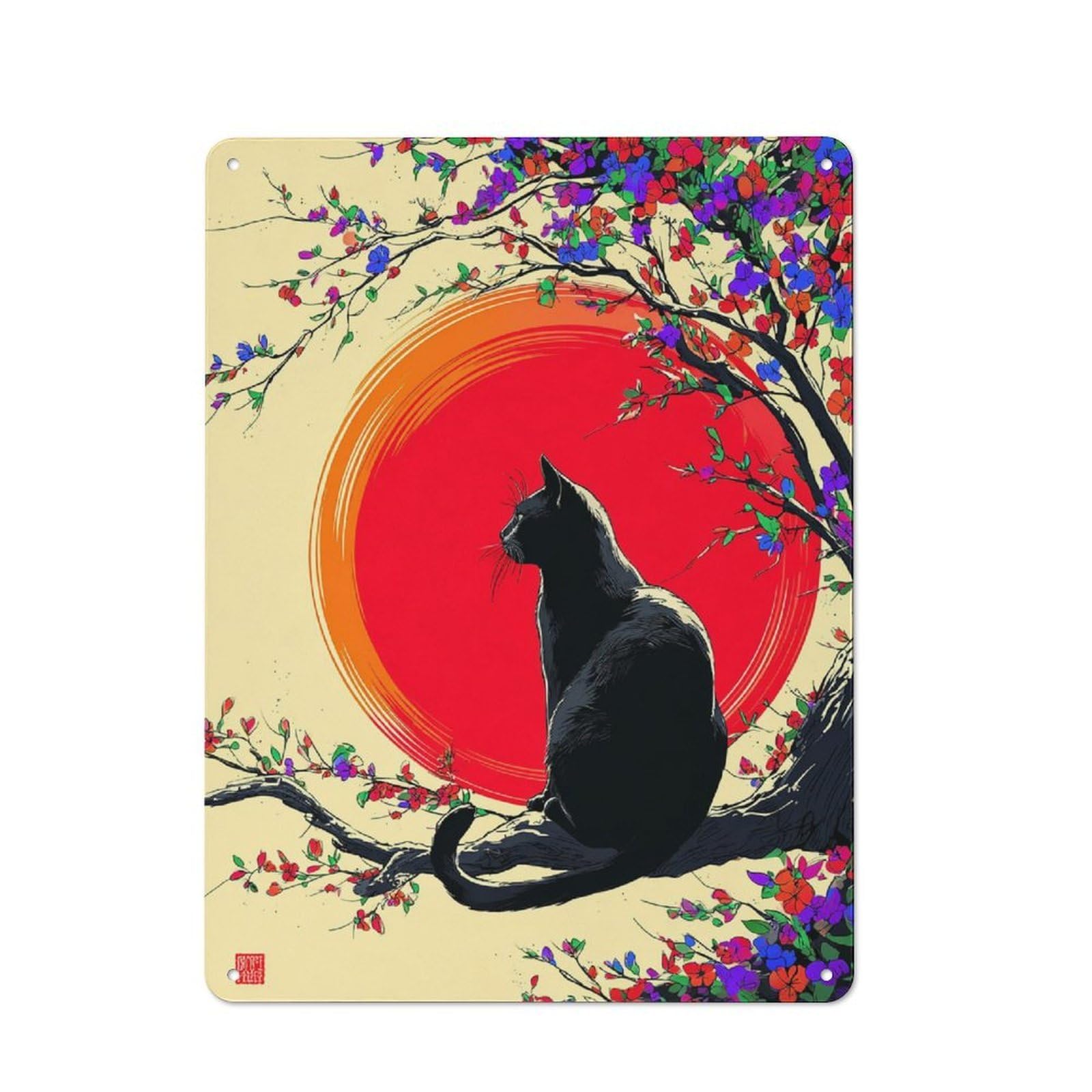 Black Cat Sunset Serenity Farmhouse Metal Sign 40x30cm, Barn Style Rustic Kitchen Decor for Cottage, Kitchen, Hallway Or Breakfast Nook