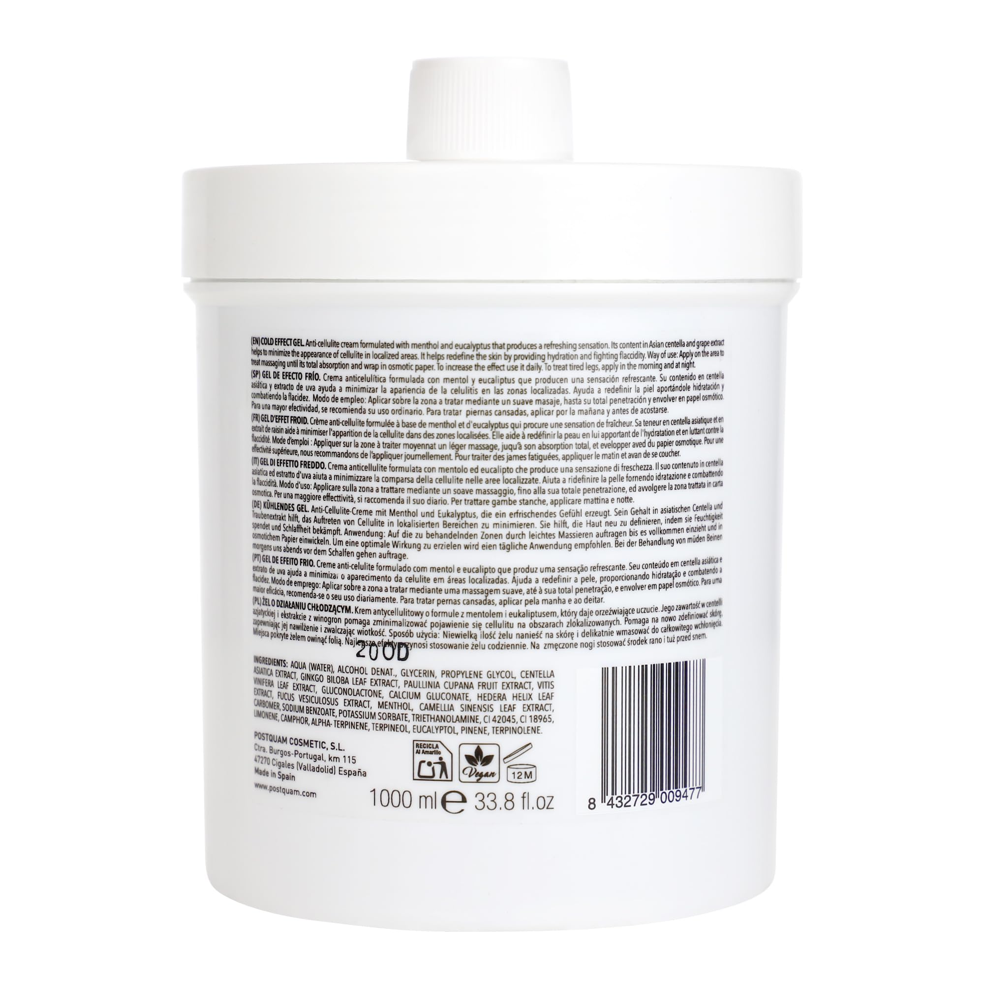 PostQuam Criogel crème corporelle effet froid raffermissante lissante gel rafraîchissant jambes lourdes 1000 ml