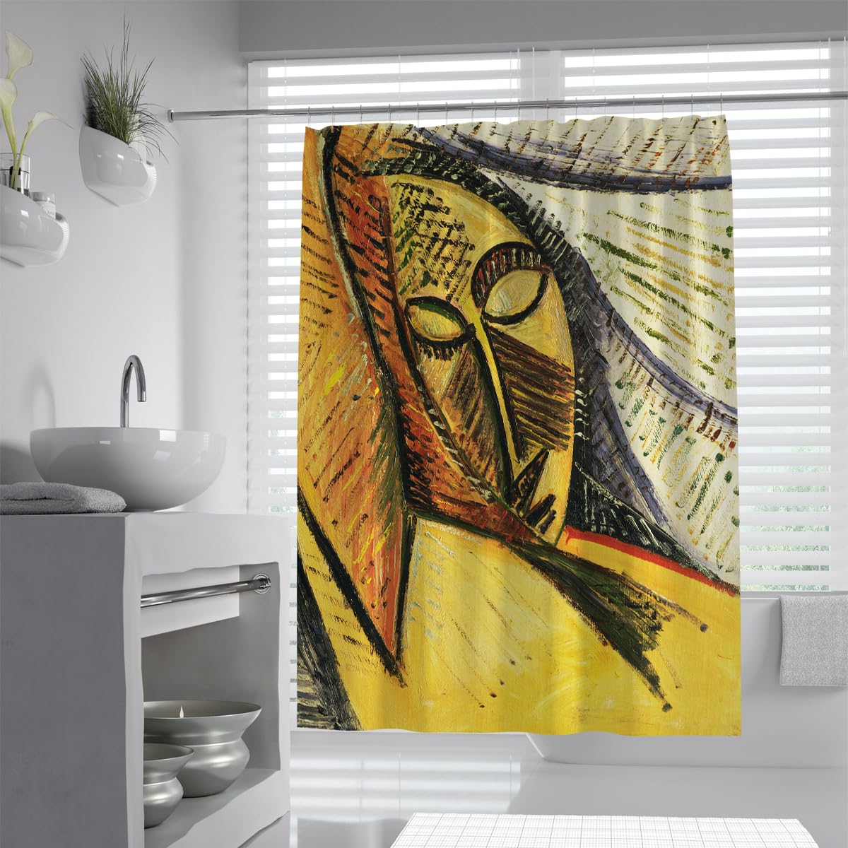 OLLIAR Home Yellow Abstract Face Fabric Shower Curtain Liner Head of a Woman Art Print Bath Curtain Sets Waterproof Bathroom Decor Shower Curtains 240x180cm