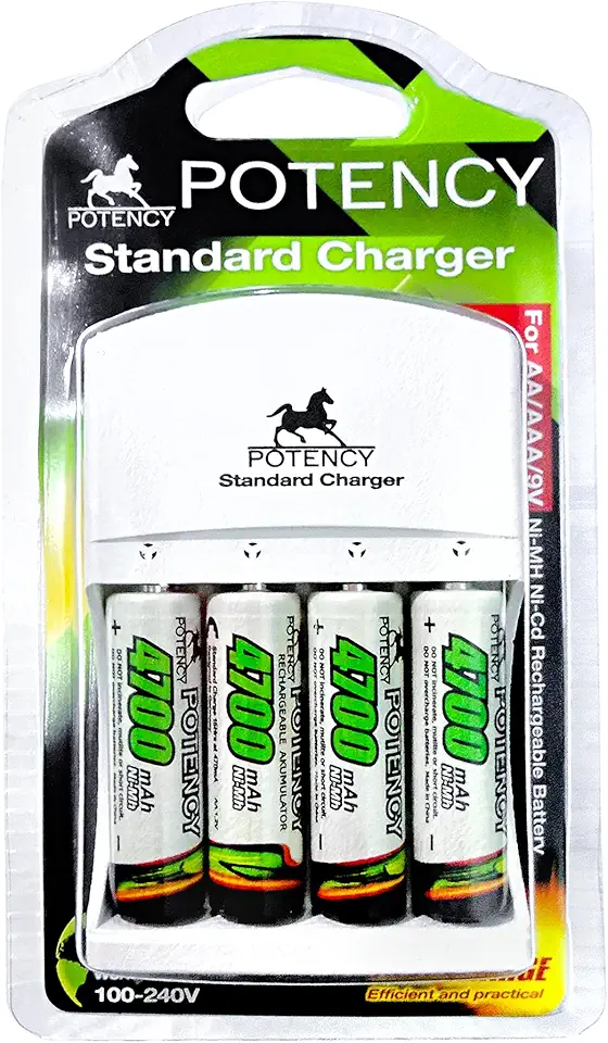 Carregador P/Pilhas AA, AAA e 9V, Incluso 4 Pilhas AA Recarregáveis 4700mAh Ni-MH, Bivolt, Para Controles, Câmeras, Brinquedos, LED, Relógio, Compacto e Econômico, Xbox e Acessórios