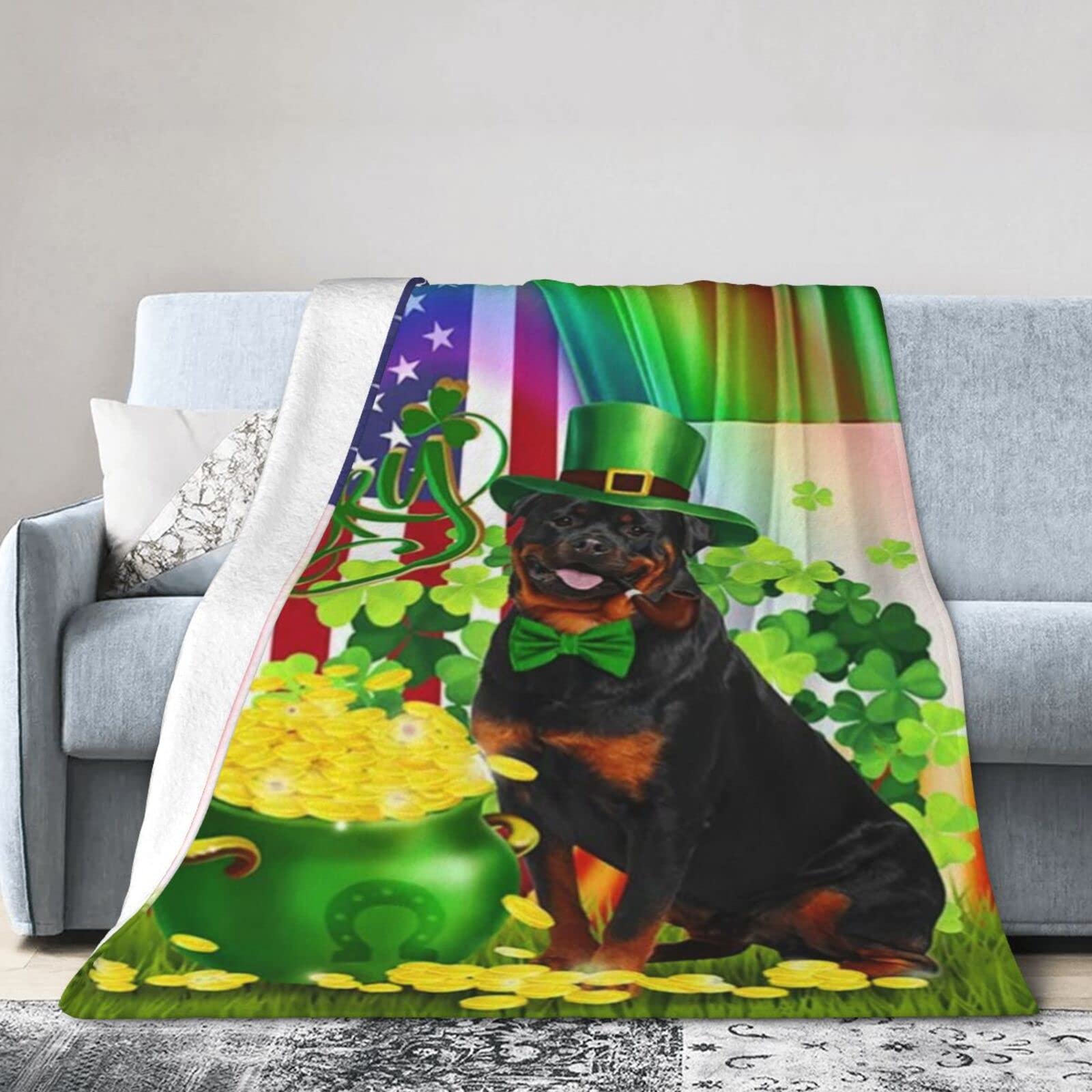 Lsjuee Flannel Fleece Blanket 50"X40" Rottweiler Irish Lucky Dog Sofa Throw Blanket Weighted Ultra-Soft Travel Spring Blankets for Couple Keep Warm