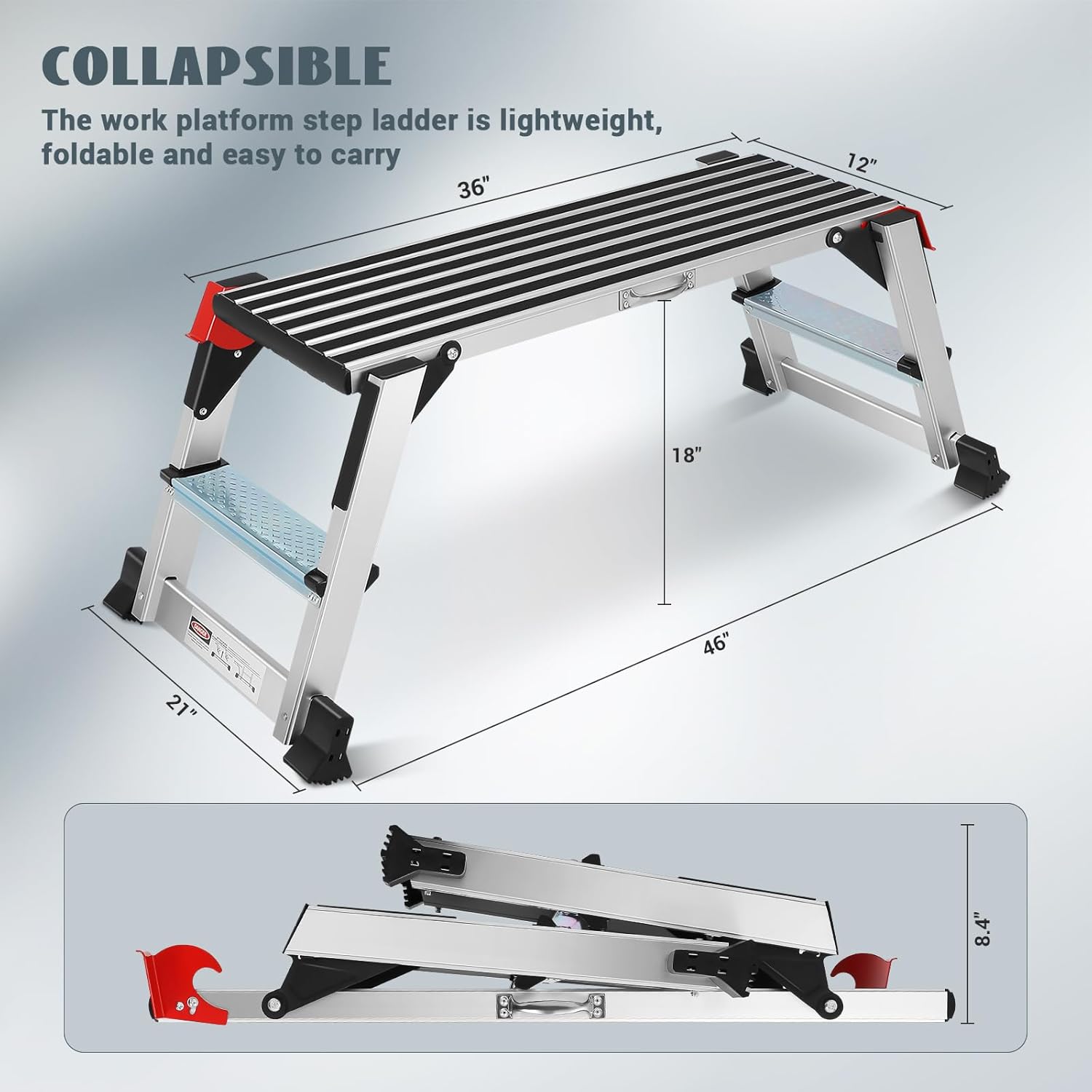 Work Platform, Aluminum Step Ladder, 36"×12"×18" Step Platform Non-Slip, Heavy Duty Folding Work Bench 330 lbs Load Capacity for Washing Vehicles, Cleaning, Painting