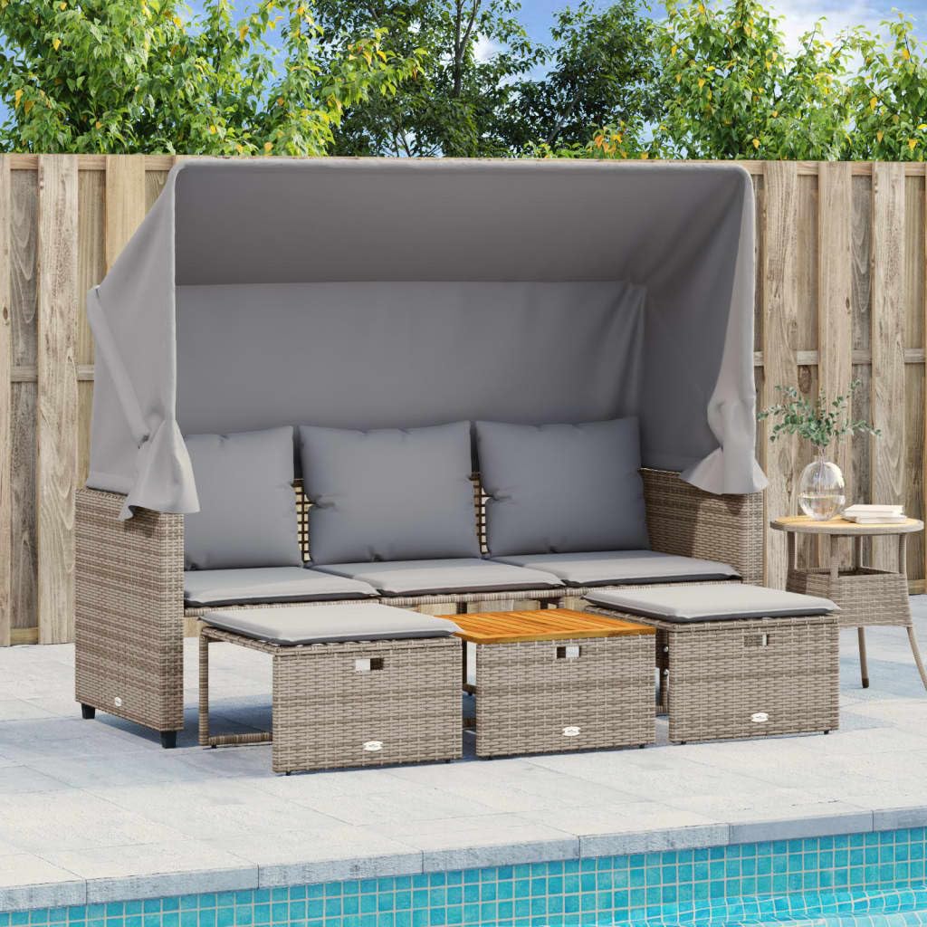 3-osobowa sofa outdoorowa z wysuwanym dachem, 2 taborety i stół, zestaw mebli ogrodowych z szarego polirattanu, odporna na działanie promieni UV, odporna na warunki atmosferyczne, na taras