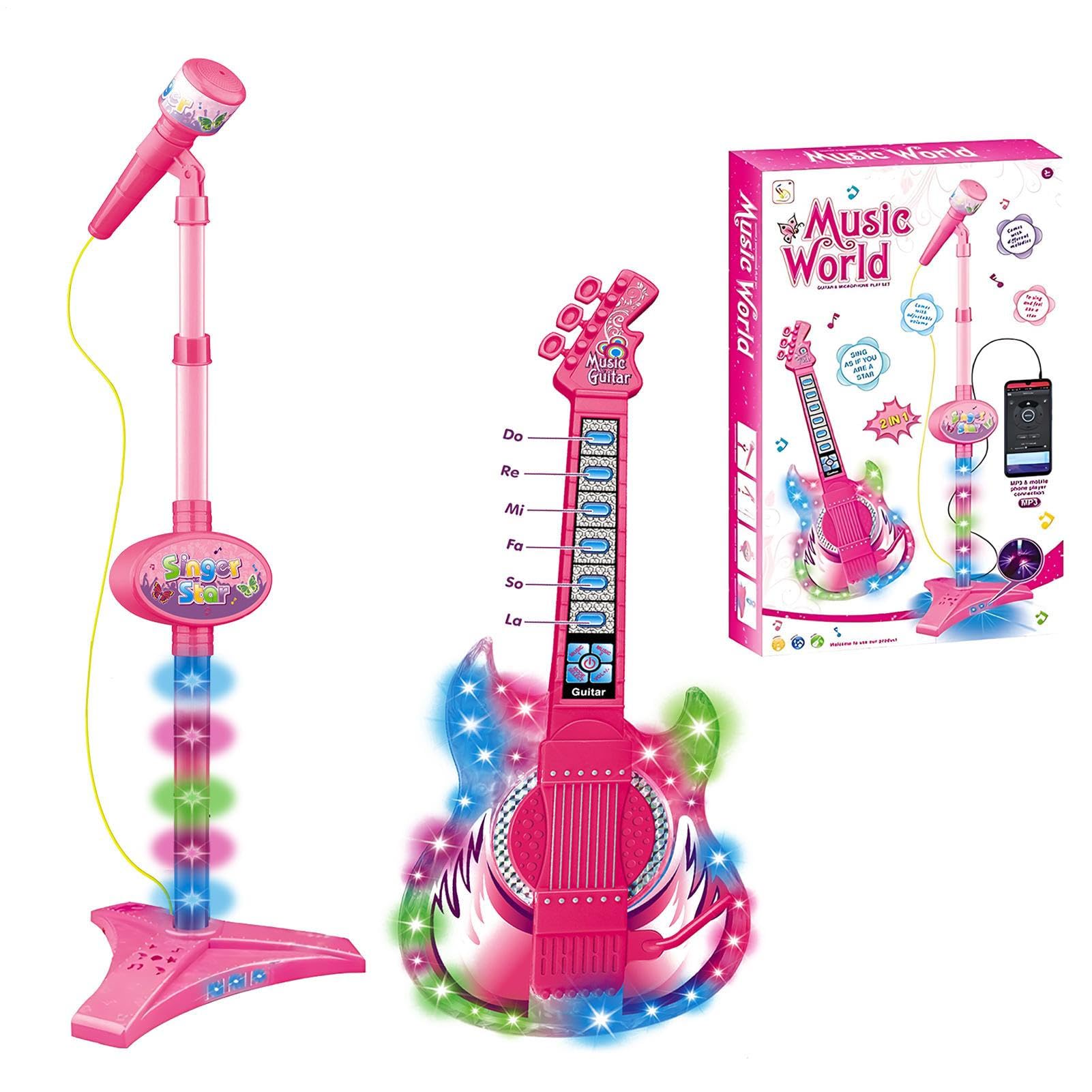Set di chitarra e microfono per bambini, chitarra giocattolo con volume | RegulableY Cinghia | Set di Gu-Chitarra G - Microfono per Ragazze | Set di GUI-Tarra e Microfono Musica Luce Microfono Al