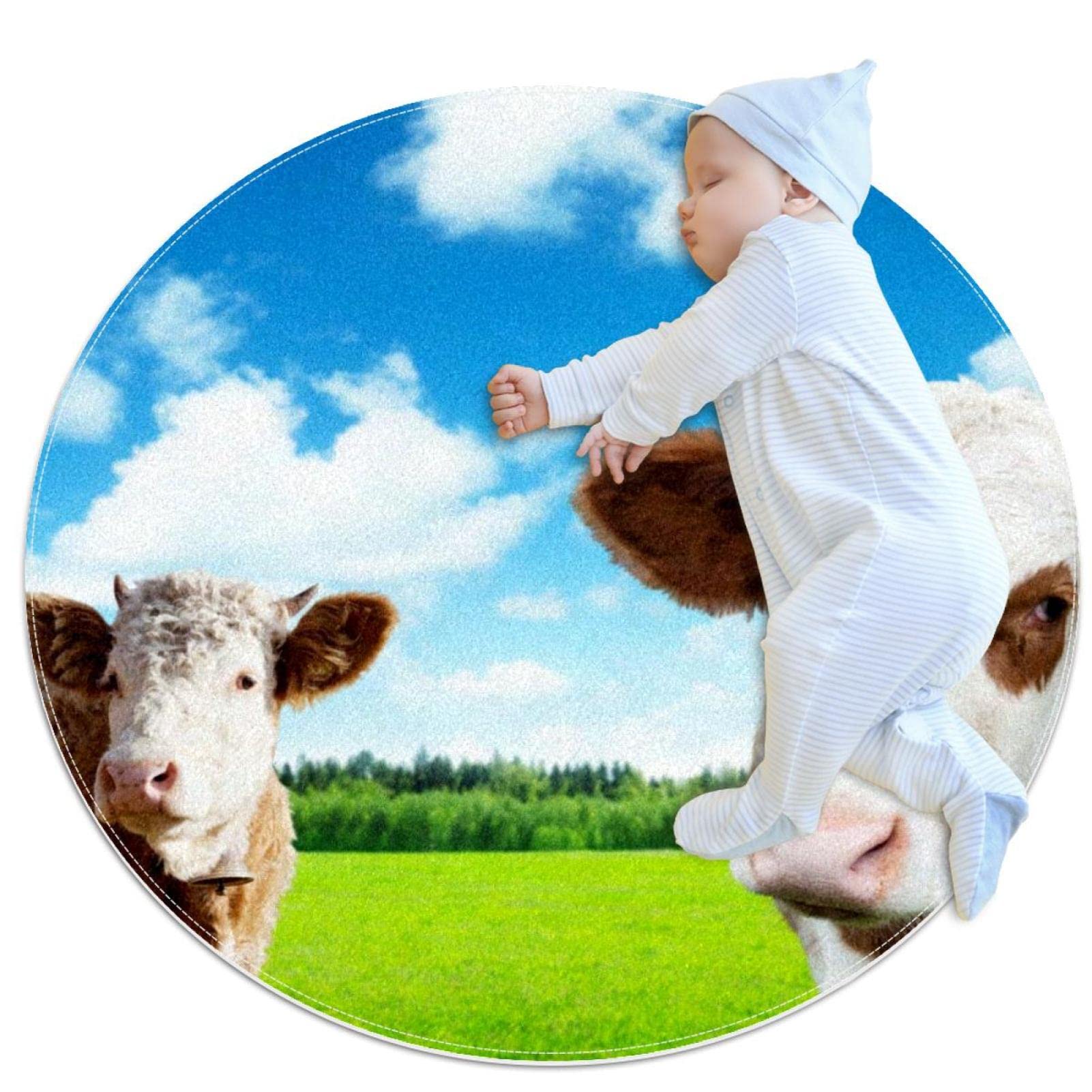 Tapis rond vaches dans un champ 100x100cm imprimé bucolique JDEZ
