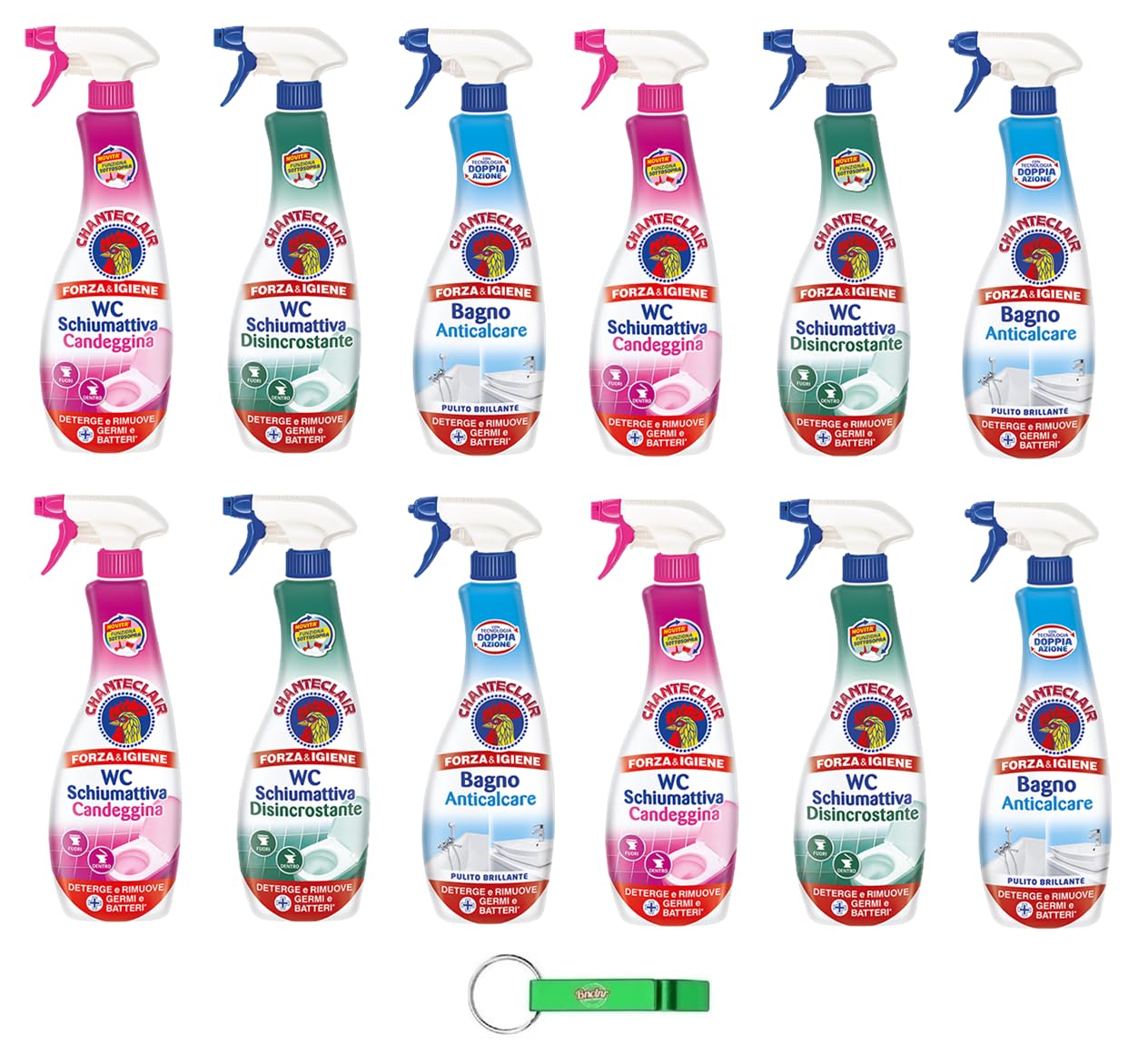 Chanteclair - Pack de prueba para inodoro Schiumattiva Candeggina + Disincrostante + Bagno - Limpiador de inodoro con detergente en espray de 625 ml + llavero Beni Culinari gratuito