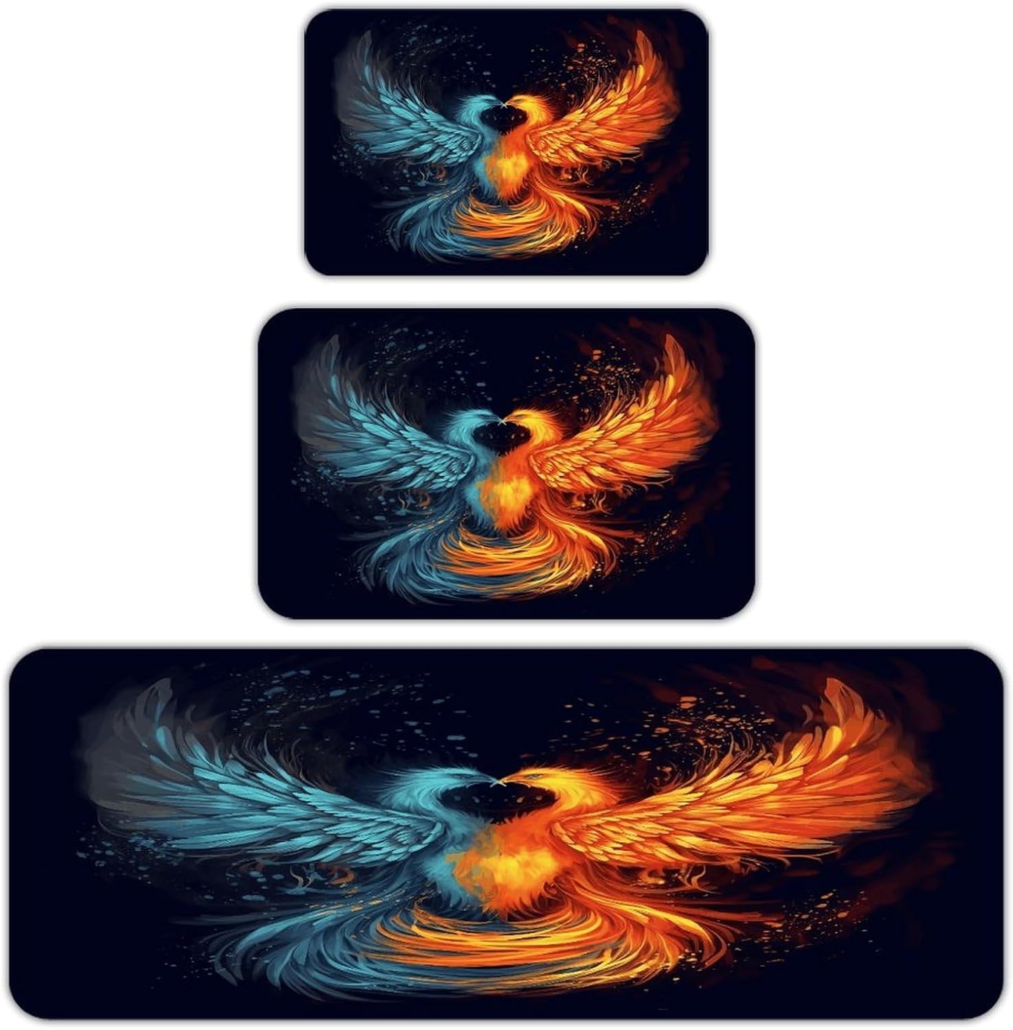 Fire and Water Phoenix Kitchen Rugs Sets of 3 Washable Non Slip Kitchen Rug Water Resistant Carpet Piece Anti Fatigue Kitchen Mats Soft Comfort Standing Mat Modern Area Rug