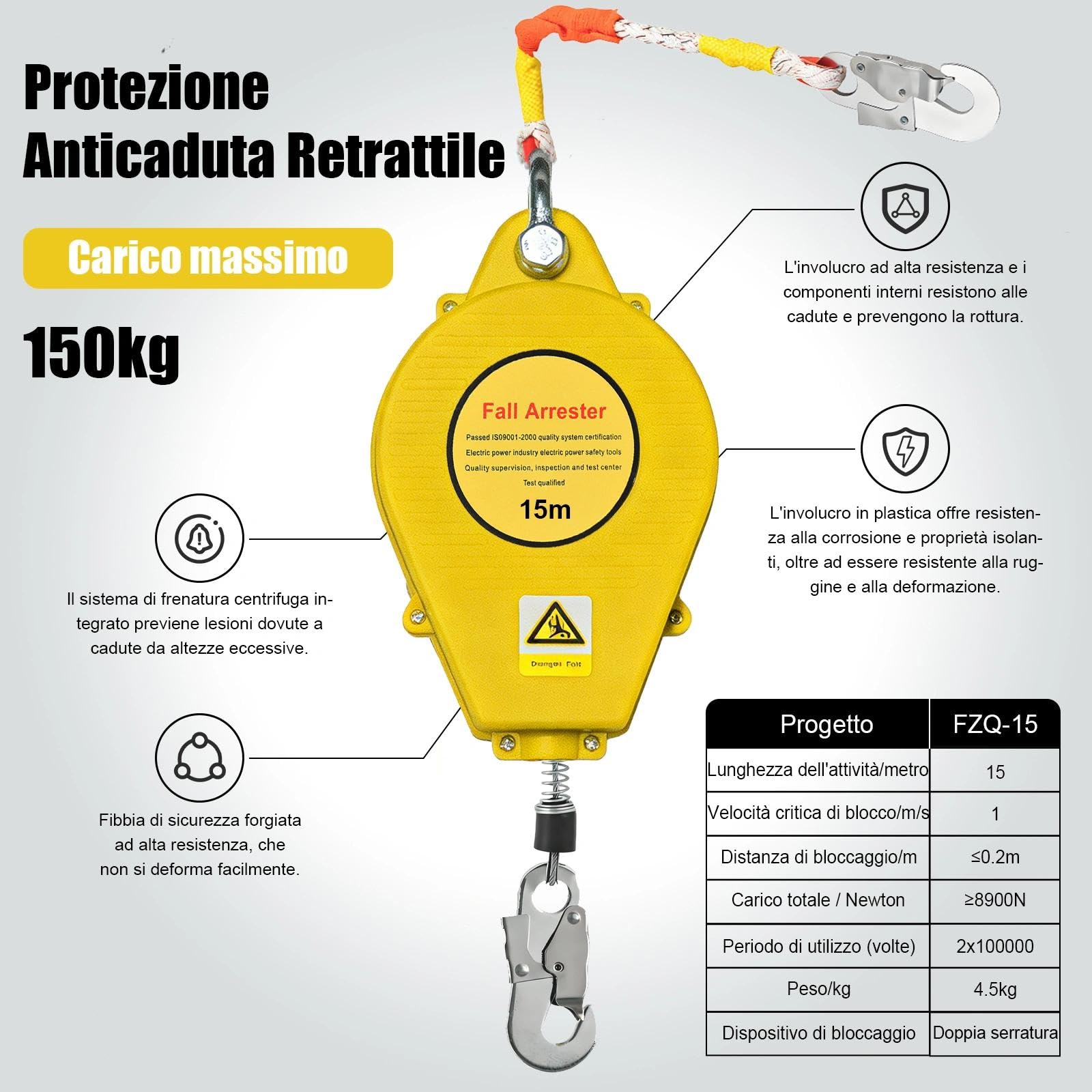 Dispositivo Anticaduta Retrattile 3-20m con Bloccaggio Automatico | Imbracatura Sicurezza per Lavori in Quota su Tetti, Cavo in Acciaio e Gancio Resistente, Ideale per Edilizia e Manutenzione