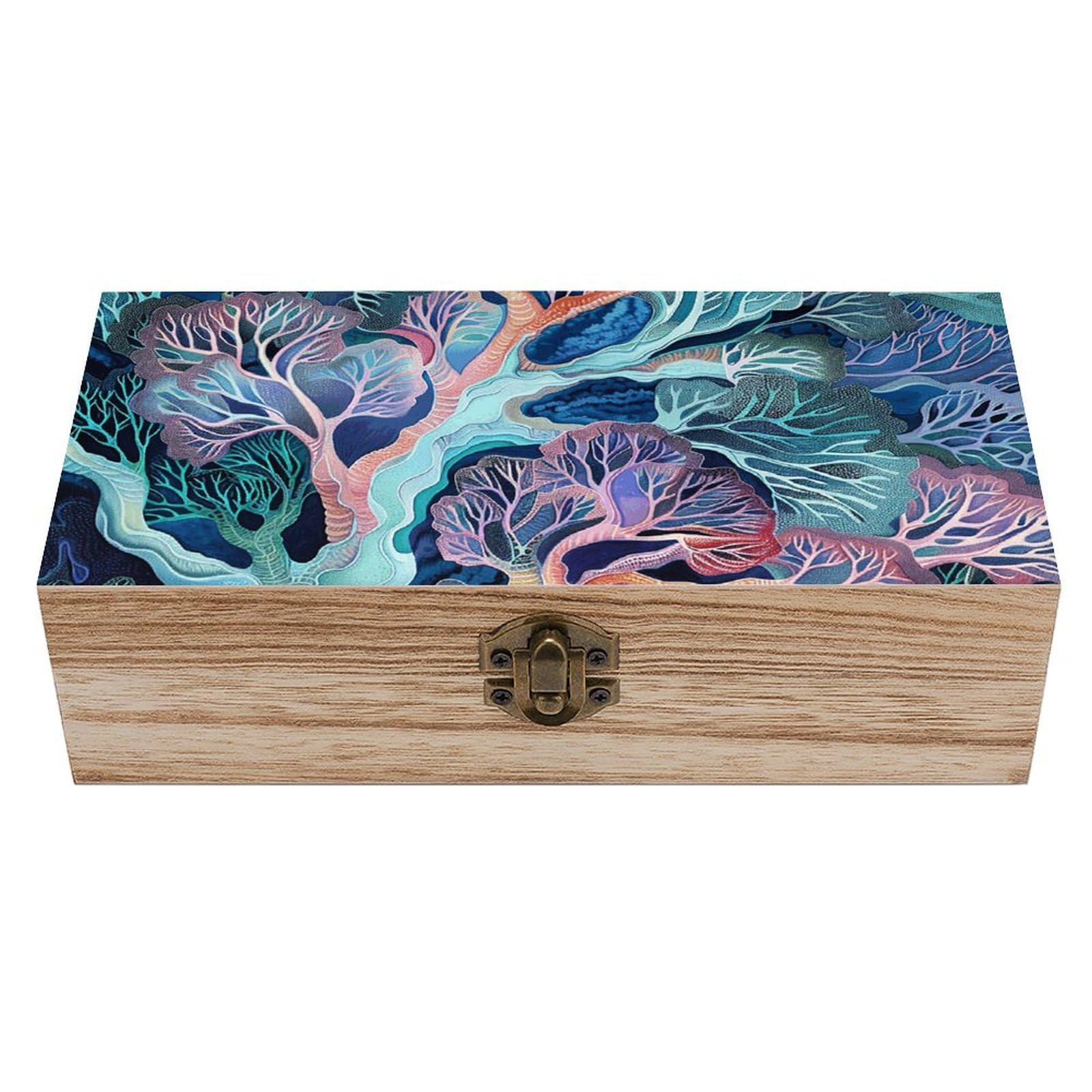NTVOWPZO Wooden Storage Box Fan Coral Image Wood Gift Box with Hinged Lid Vintage Decorative Boxes Jewelry Memory Box for Jewelry Art Hobbies Home Storage Treasure Keepsake Gift