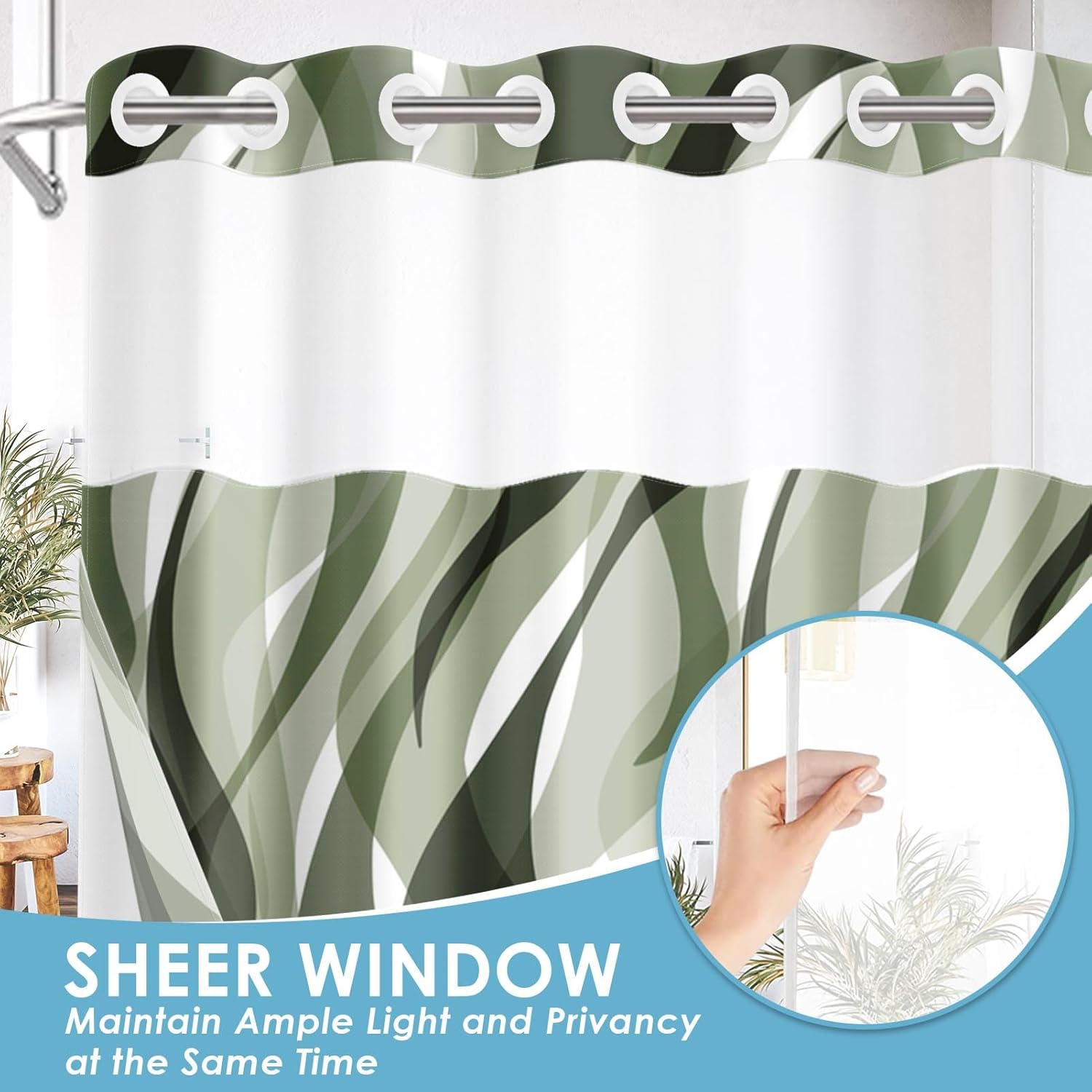No Hook Green Shower Curtain with Snap in Fabric Liner Set, Modern Abstract Striped Double Layers Waterproof Fabric with See Through Top Window Open Grommet Bath Curtain 71x74 Inch