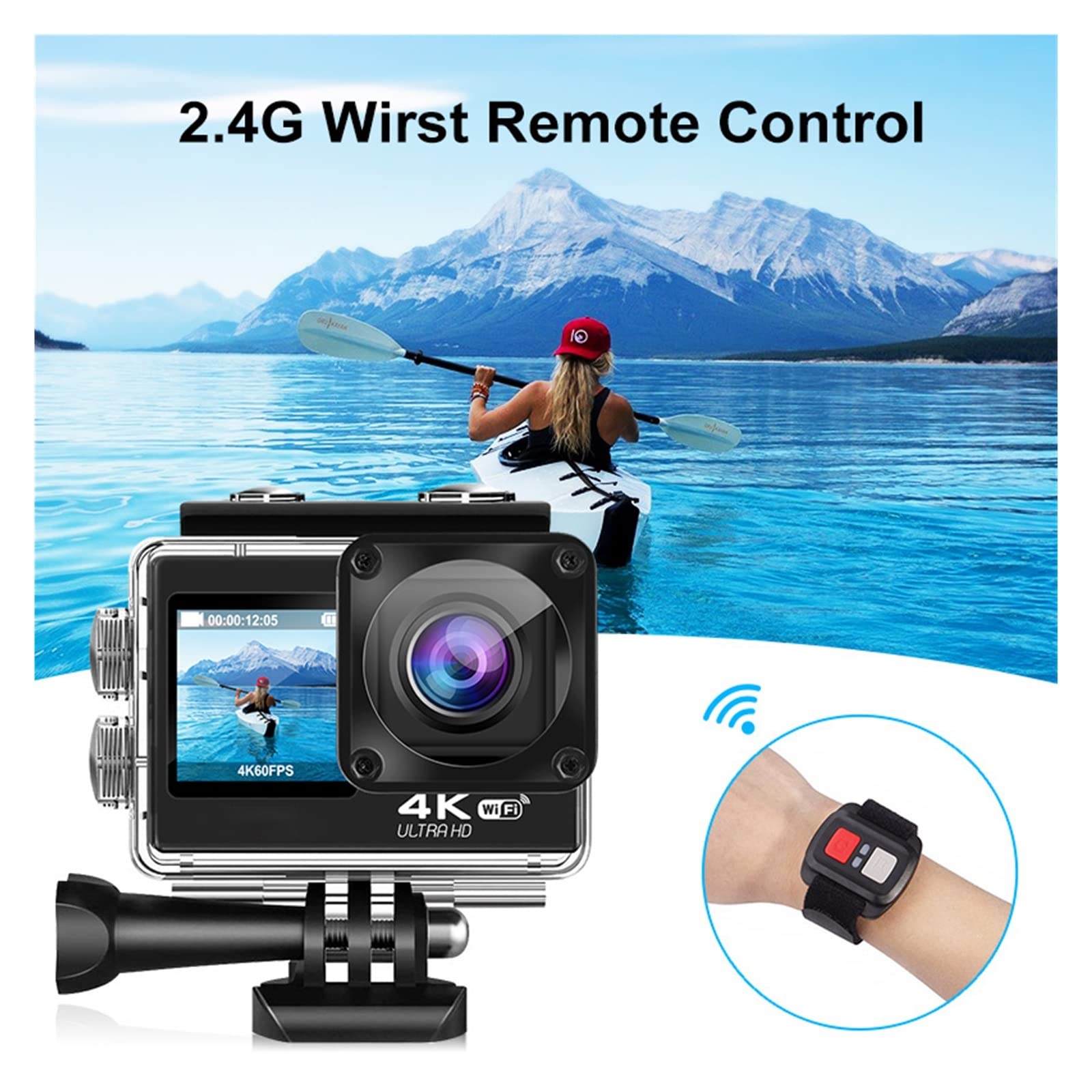 Action Cam, 60fps 4K Action Camera 16MP LCD da 2,0 Pollici EIS Zoom 4X Riprese Video 30m Impermeabile Go Sports Helmet PRO Cam,All'aperto, Sport, Video(with 128G SD Card)