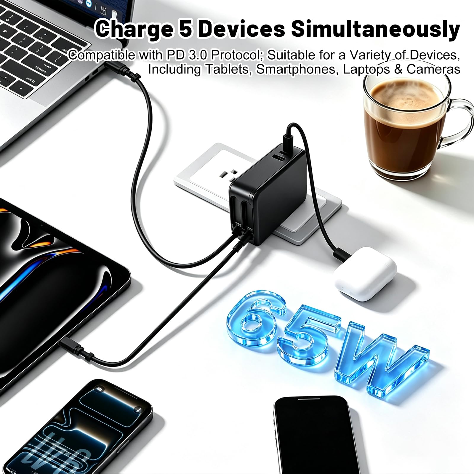 GaN - Caricatore rapido retrattile 5 in 1, 65 W, doppio tipo C, cavo di ricarica retrattile con 3 porte, 2 USB C e 1 USB A, cavo di ricarica estensibile per MacBook, iPhone, Galaxy, iPad